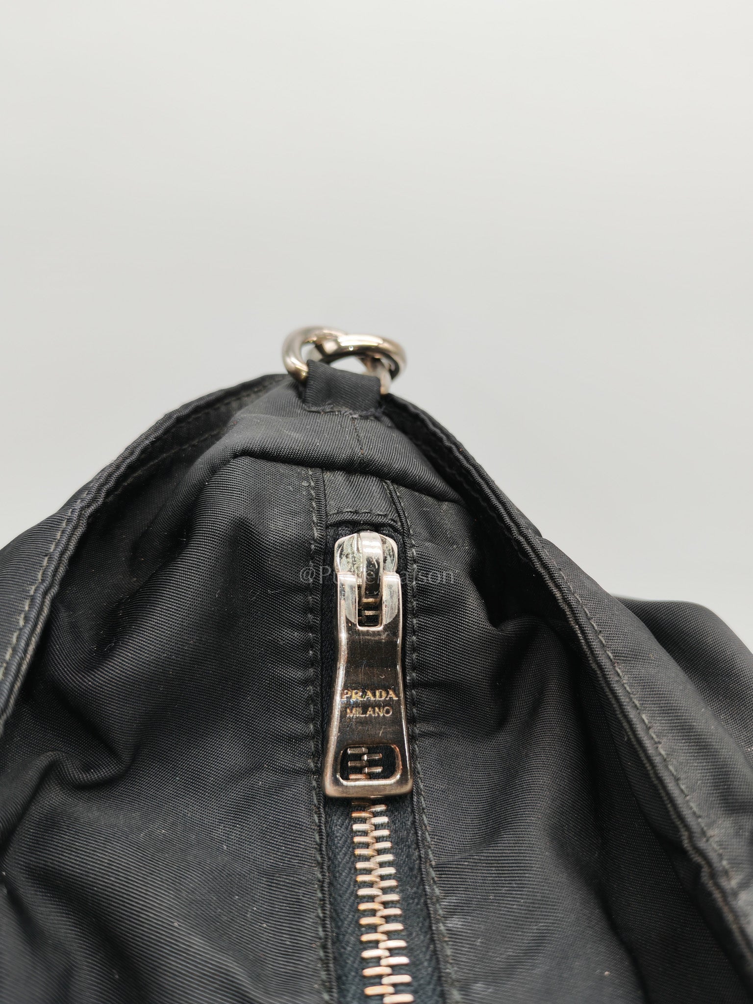 Prada BN1057 Boston Bag in Black Tessuto Nylon and Saffiano Leather Trim Silver Hardware | Purse Maison Luxury Bags Shop