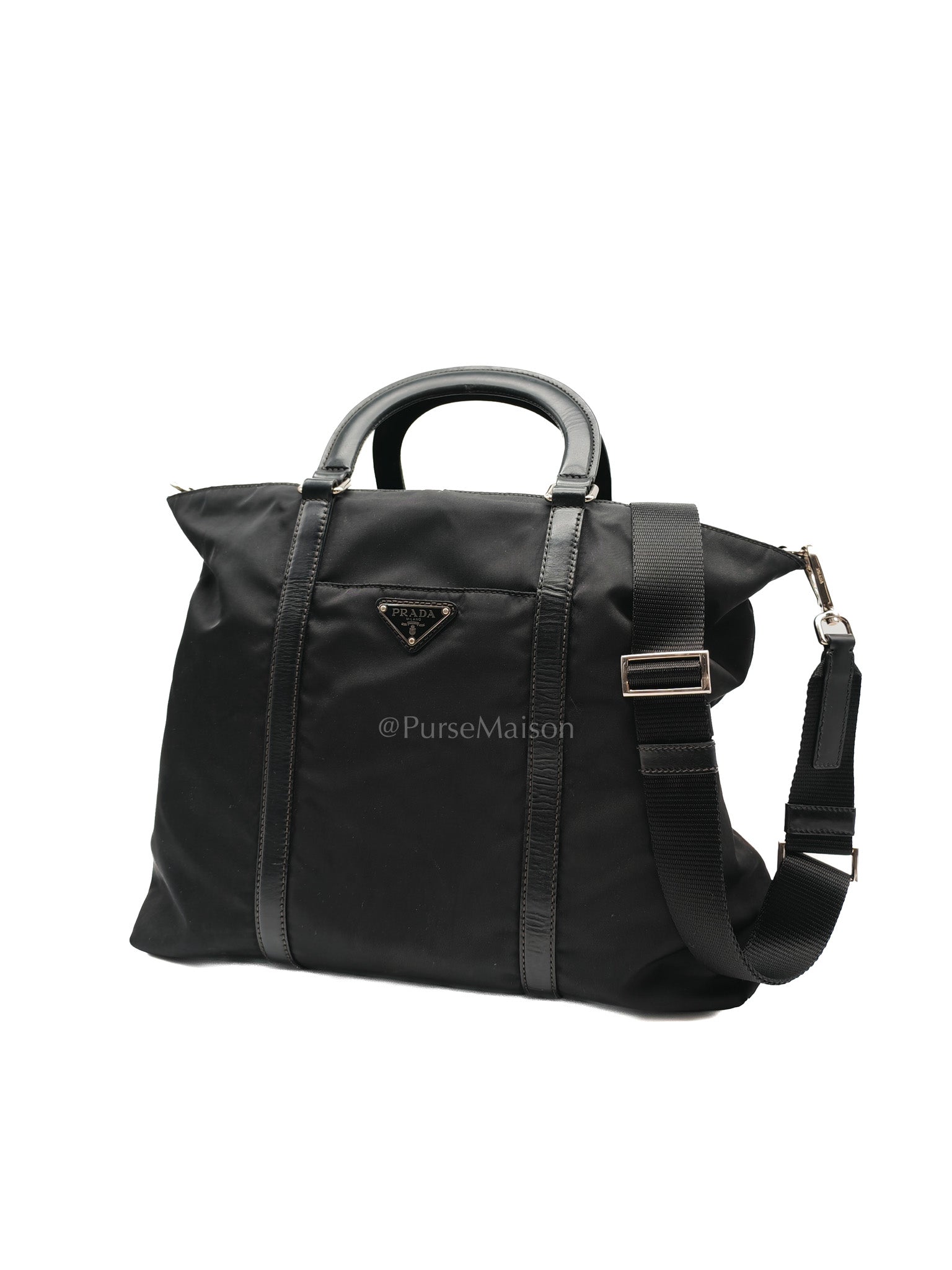 Prada BN1057 Boston Bag in Black Tessuto Nylon and Saffiano Leather Trim Silver Hardware | Purse Maison Luxury Bags Shop