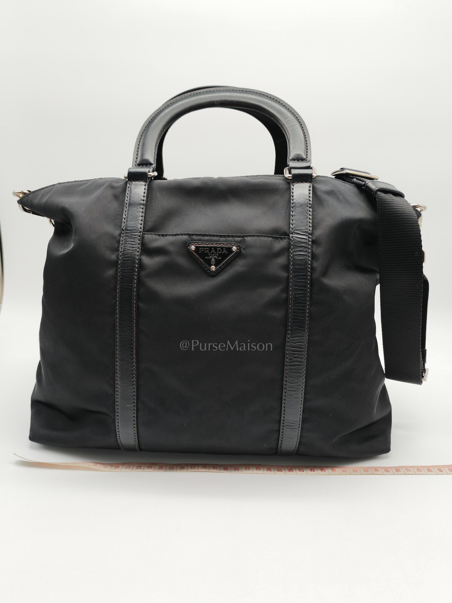 Prada BN1057 Boston Bag in Black Tessuto Nylon and Saffiano Leather Trim Silver Hardware | Purse Maison Luxury Bags Shop