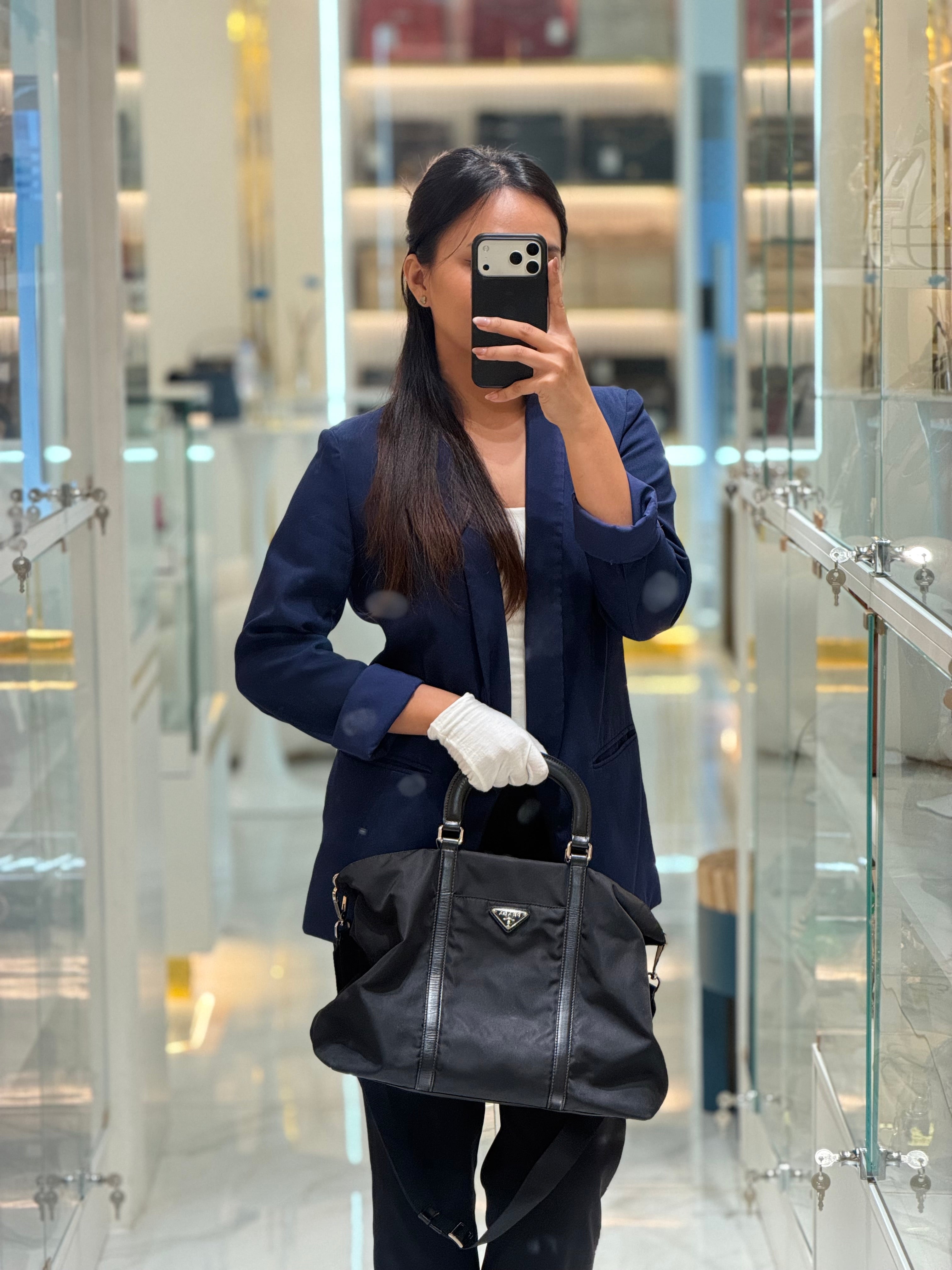 Prada BN1057 Boston Bag in Black Tessuto Nylon and Saffiano Leather Trim Silver Hardware | Purse Maison Luxury Bags Shop