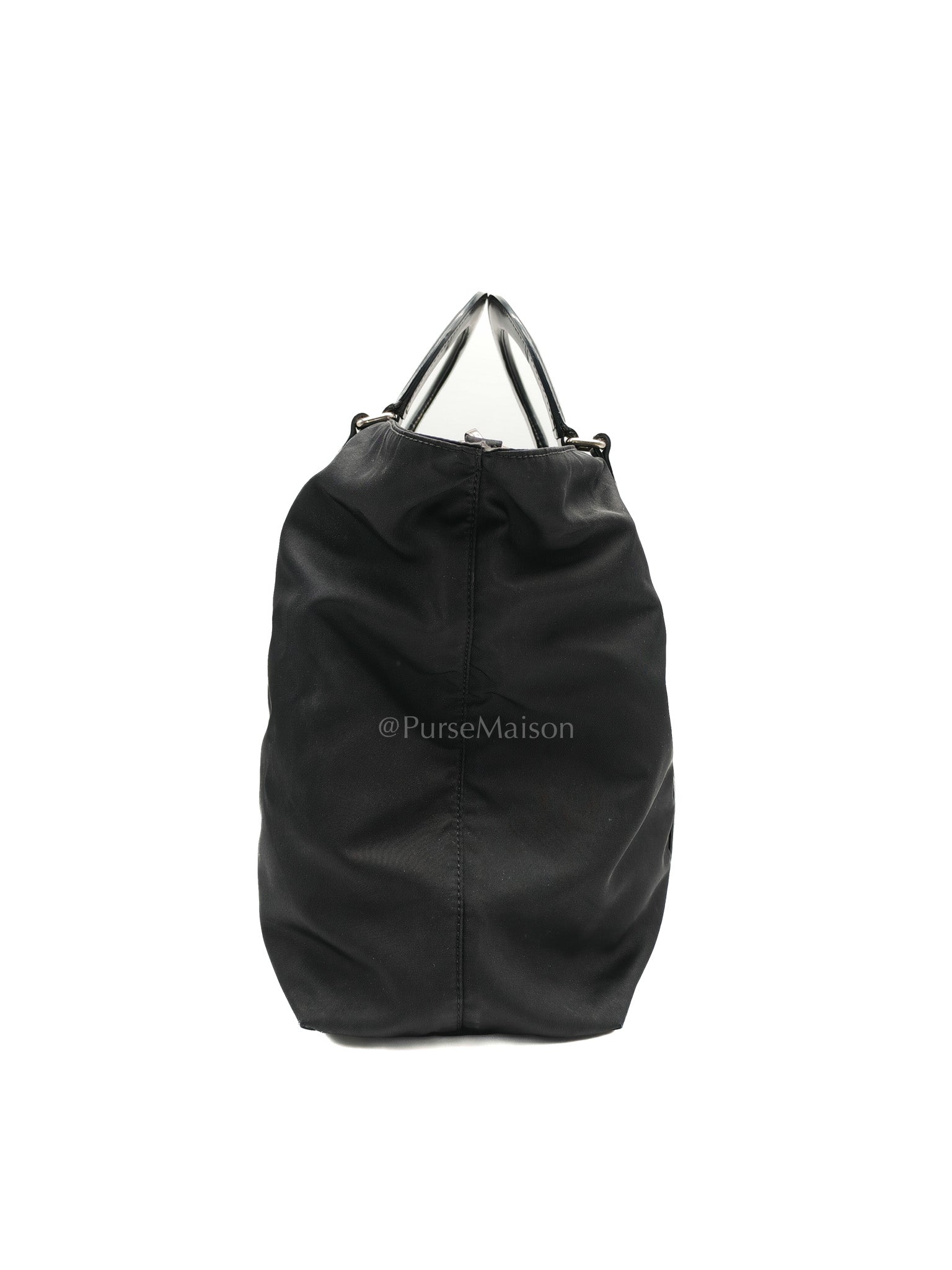 Prada BN1057 Boston Bag in Black Tessuto Nylon and Saffiano Leather Trim Silver Hardware | Purse Maison Luxury Bags Shop
