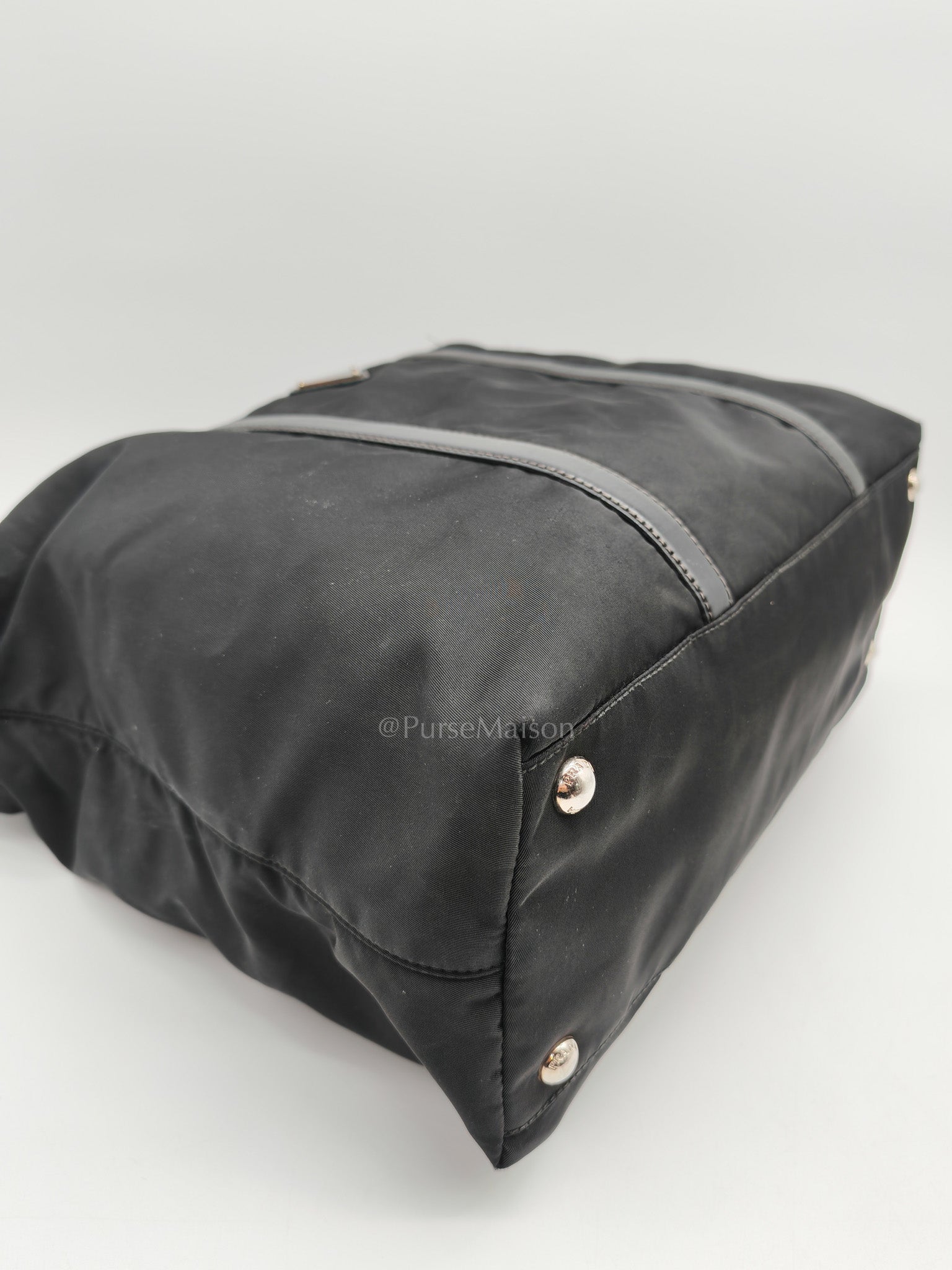 Prada BN1057 Boston Bag in Black Tessuto Nylon and Saffiano Leather Trim Silver Hardware | Purse Maison Luxury Bags Shop