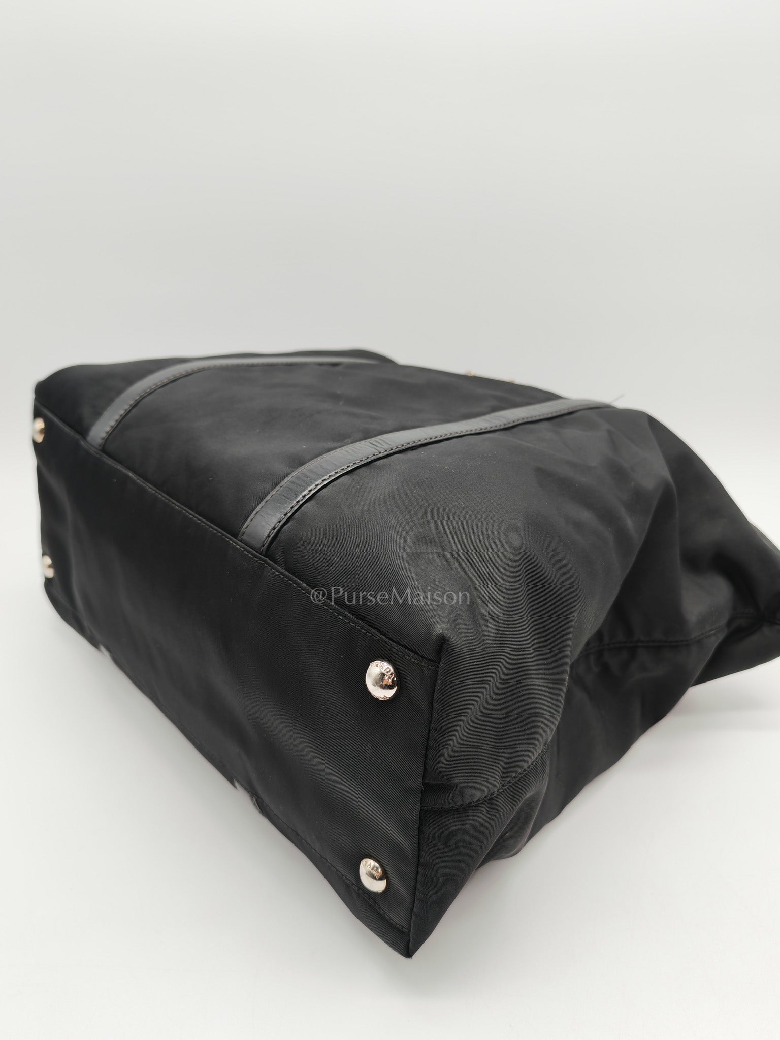 Prada BN1057 Boston Bag in Black Tessuto Nylon and Saffiano Leather Trim Silver Hardware | Purse Maison Luxury Bags Shop