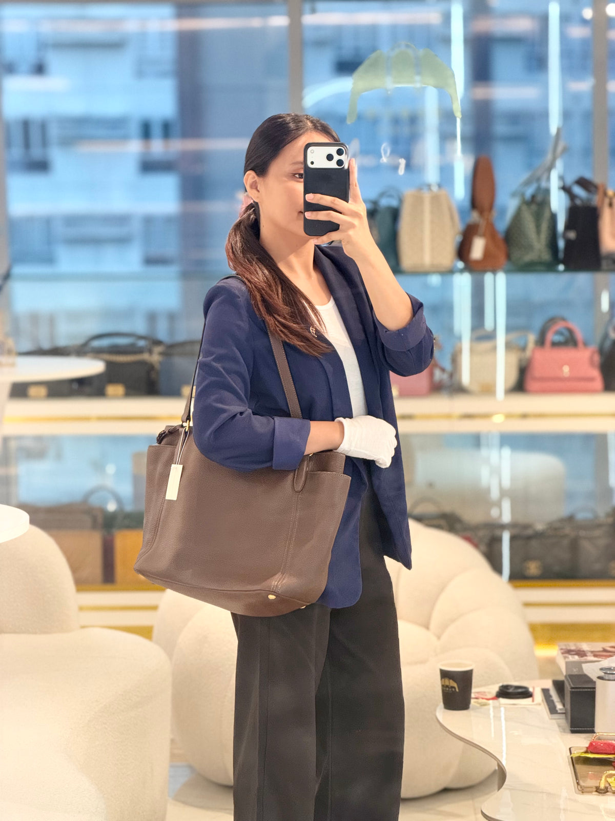 Prada BR4970 Marmo in Caffe Vitello Daino Leather Double-Pocket Tote Bag | Purse Maison Luxury Bags Shop