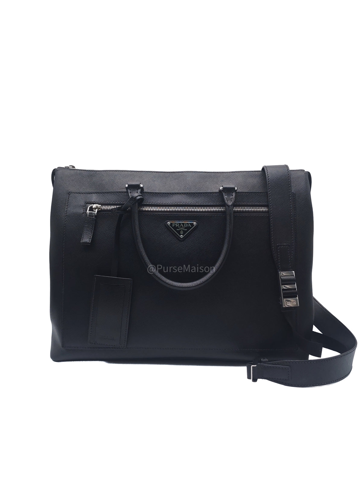 Prada Briefcase/Work Tote Bag in Black Saffiano Leather and Silver Hardware | Purse Maison Luxury Bags Shop