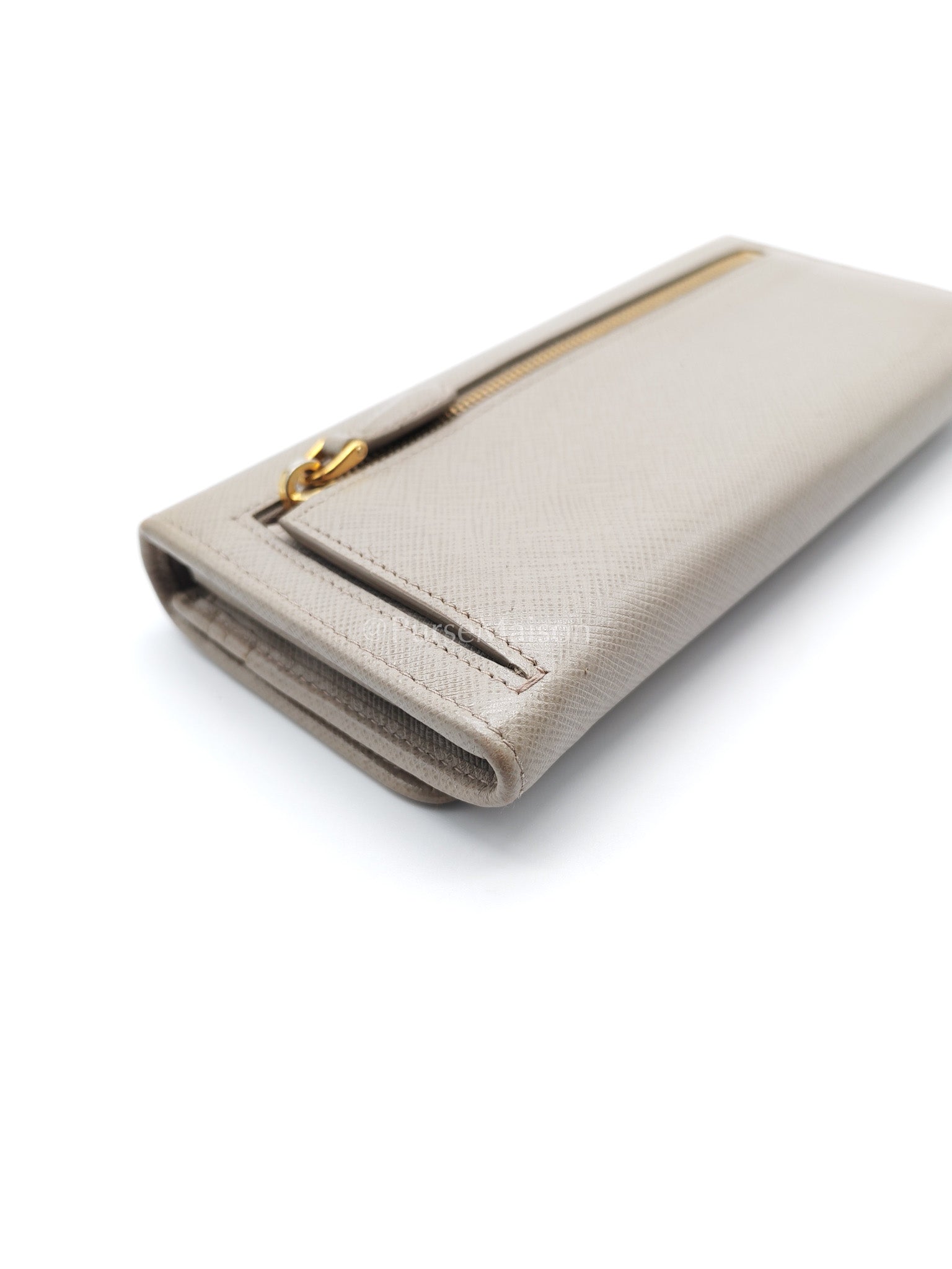Prada Continental Flap Long Wallet in Light Beige Saffiano Leather and Gold Hardware | Purse Maison Luxury Bags Shop