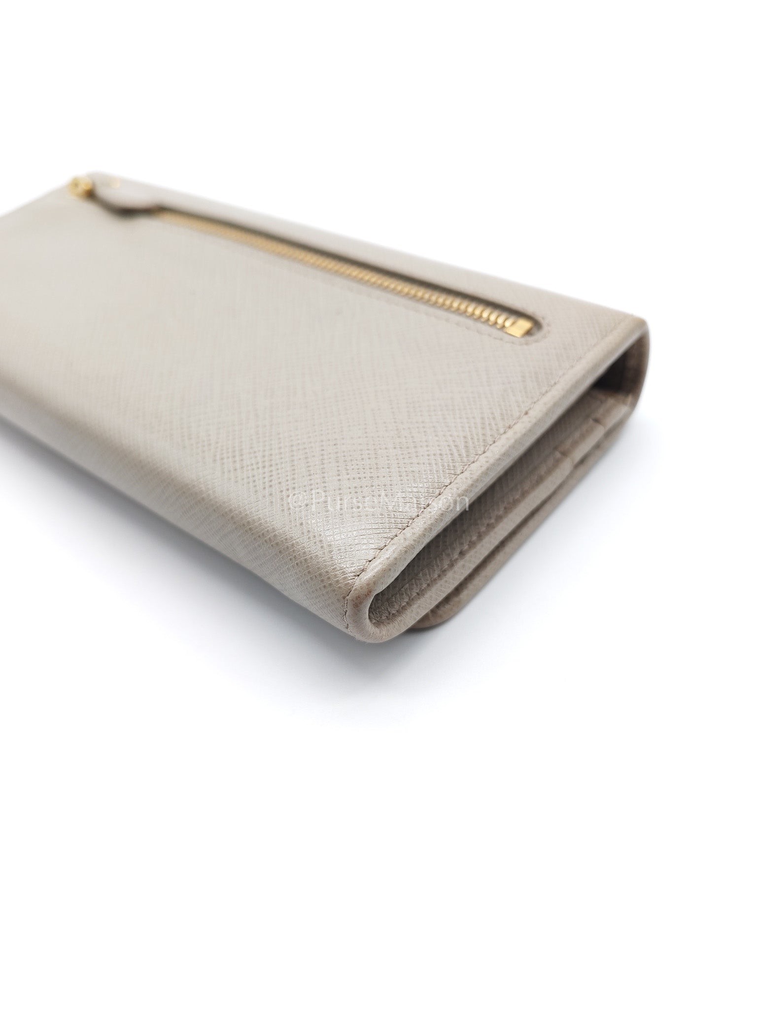 Prada Continental Flap Long Wallet in Light Beige Saffiano Leather and Gold Hardware | Purse Maison Luxury Bags Shop