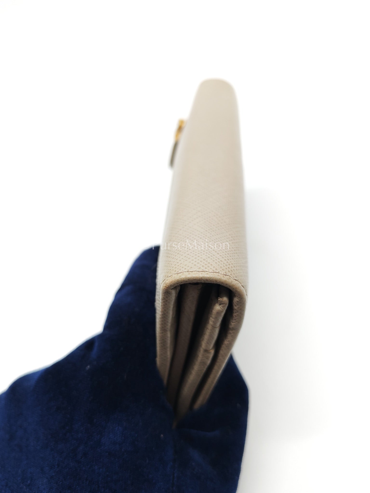 Prada Continental Flap Long Wallet in Light Beige Saffiano Leather and Gold Hardware | Purse Maison Luxury Bags Shop