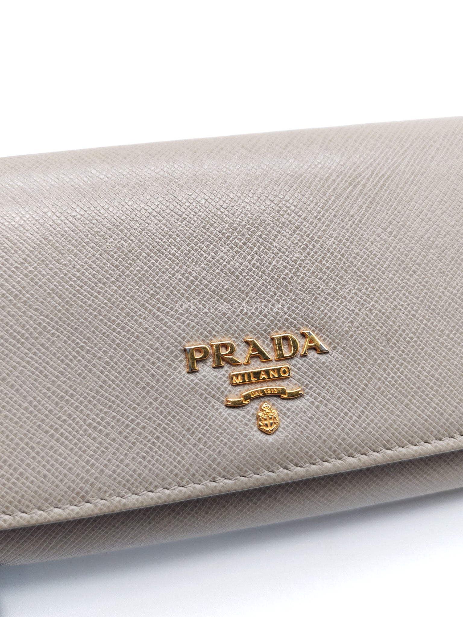 Prada Continental Flap Long Wallet in Light Beige Saffiano Leather and Gold Hardware | Purse Maison Luxury Bags Shop