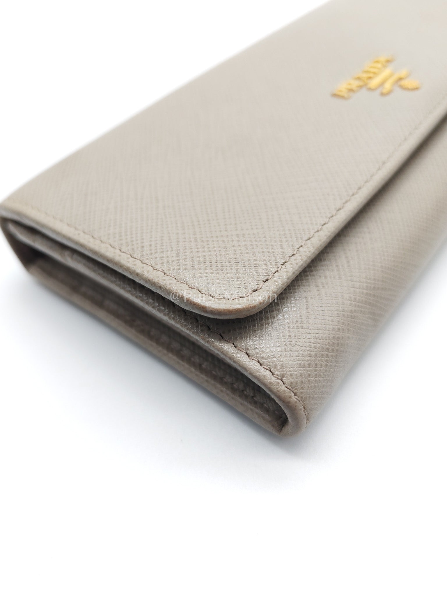 Prada Continental Flap Long Wallet in Light Beige Saffiano Leather and Gold Hardware | Purse Maison Luxury Bags Shop