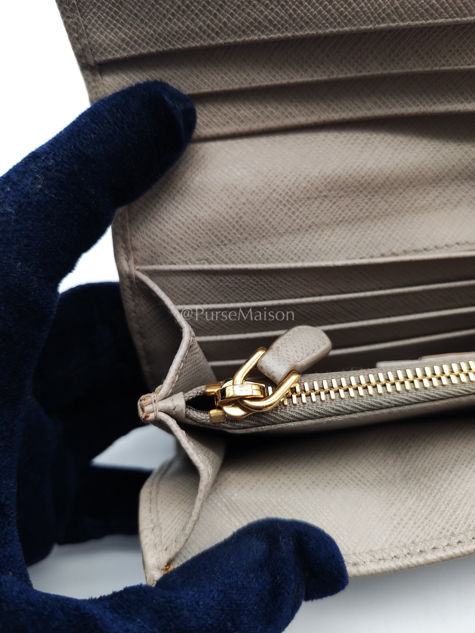 Prada Continental Flap Long Wallet in Light Beige Saffiano Leather and Gold Hardware | Purse Maison Luxury Bags Shop