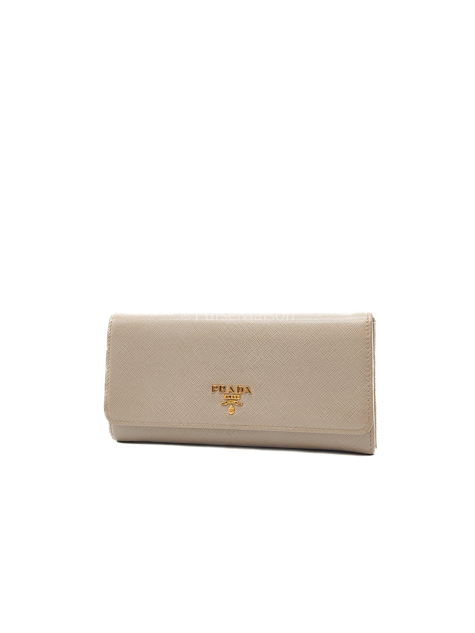 Prada Continental Flap Long Wallet in Light Beige Saffiano Leather and Gold Hardware | Purse Maison Luxury Bags Shop
