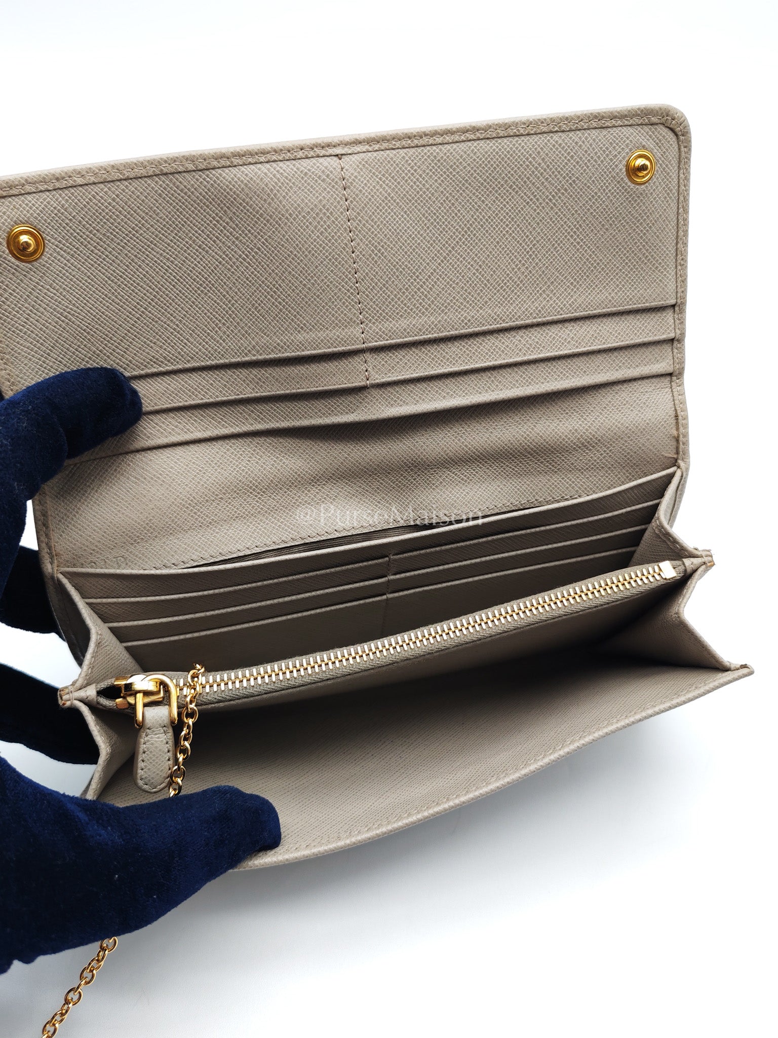 Prada Continental Flap Long Wallet in Light Beige Saffiano Leather and Gold Hardware | Purse Maison Luxury Bags Shop