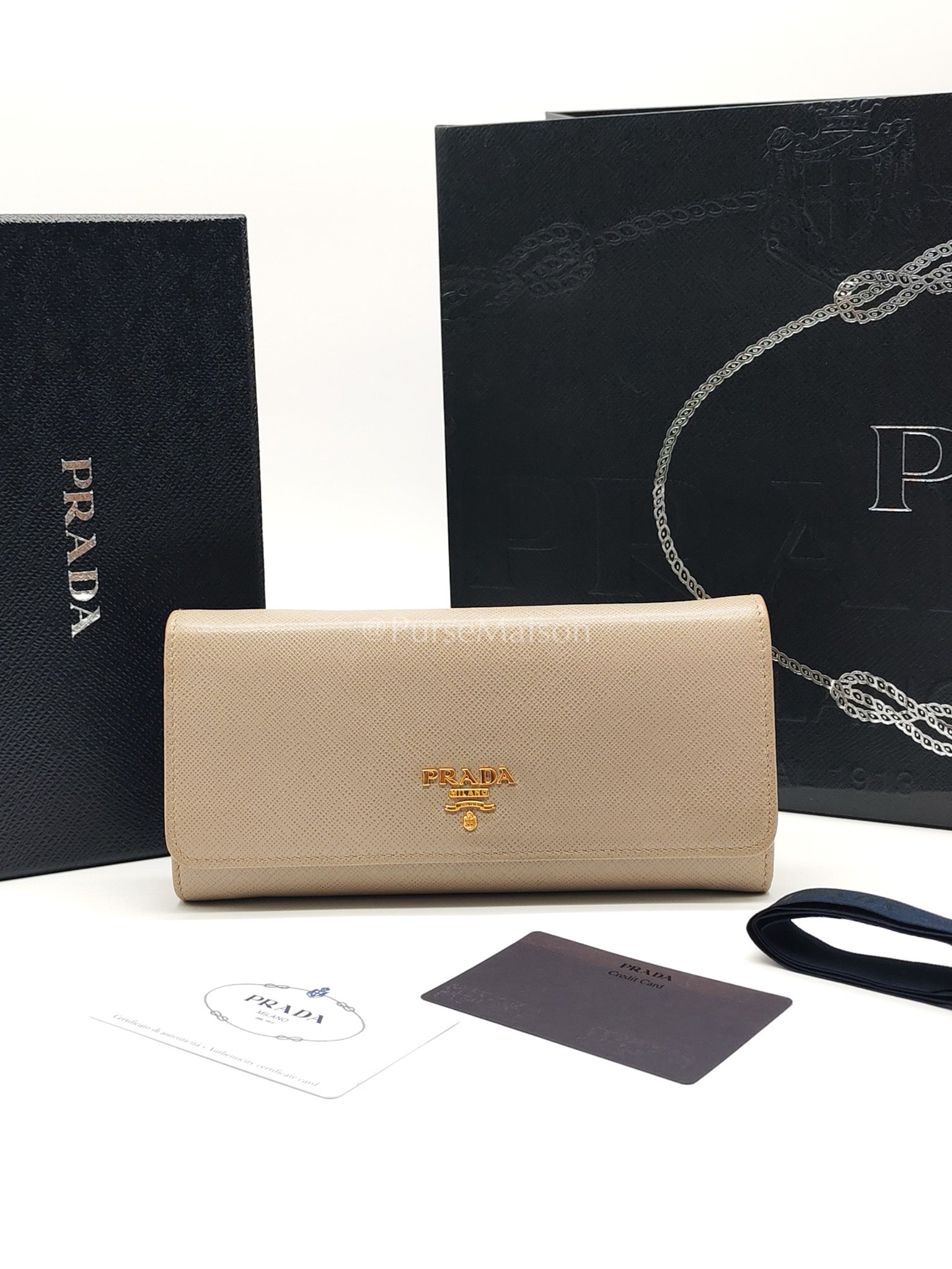 Prada Continental Flap Long Wallet in Light Beige Saffiano Leather and Gold Hardware | Purse Maison Luxury Bags Shop