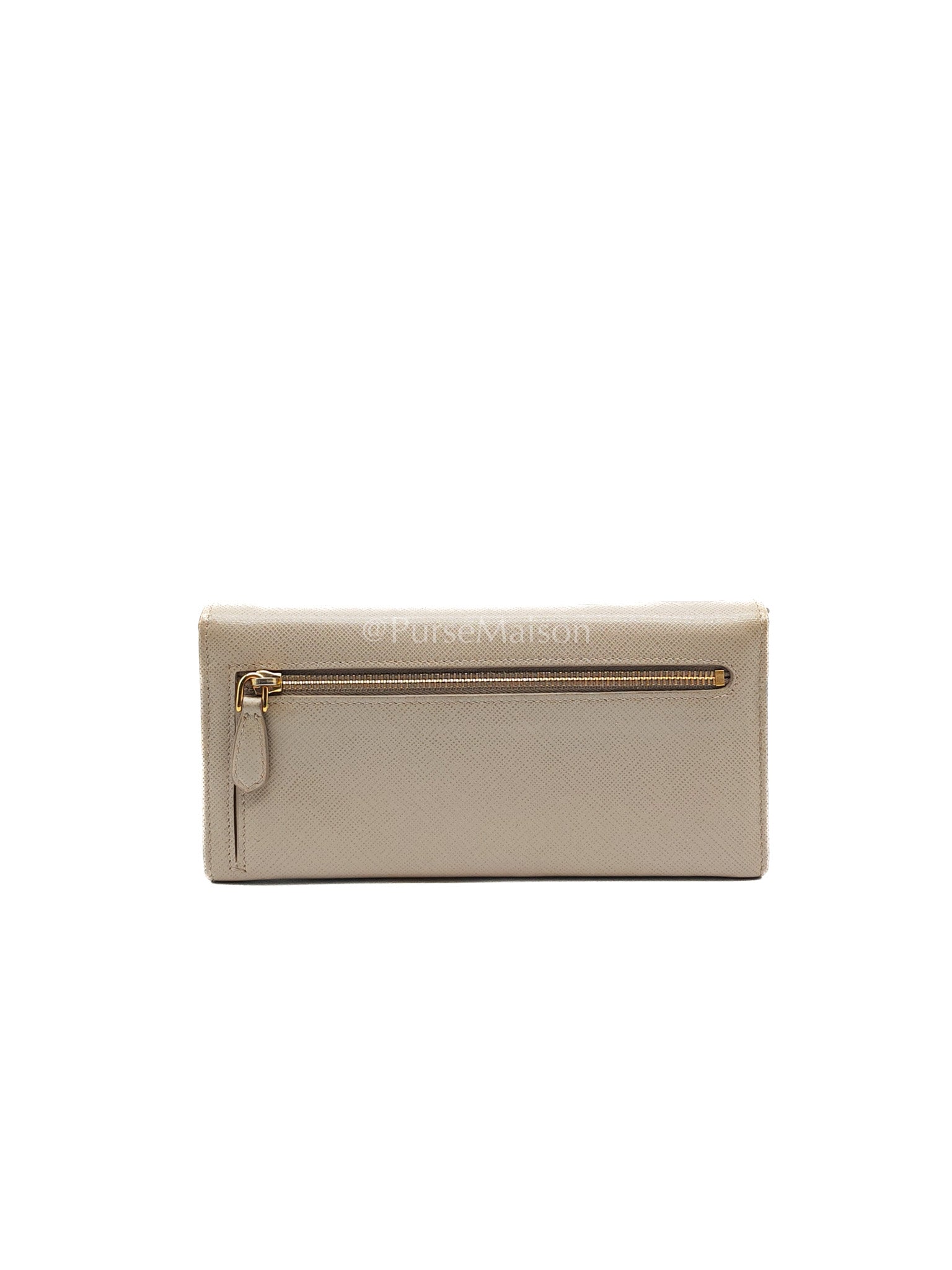 Prada Continental Flap Long Wallet in Light Beige Saffiano Leather and Gold Hardware | Purse Maison Luxury Bags Shop