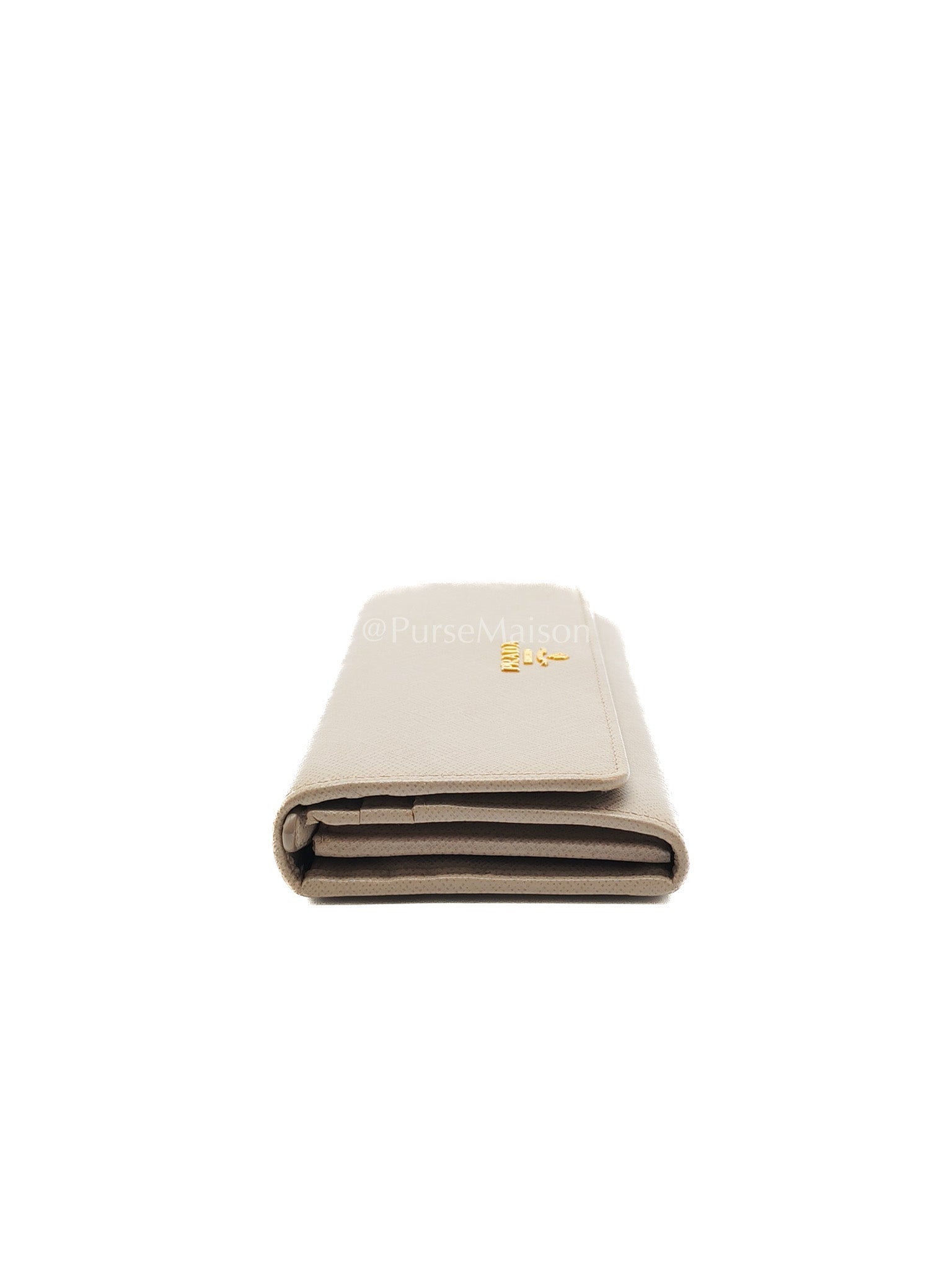 Prada Continental Flap Long Wallet in Light Beige Saffiano Leather and Gold Hardware | Purse Maison Luxury Bags Shop