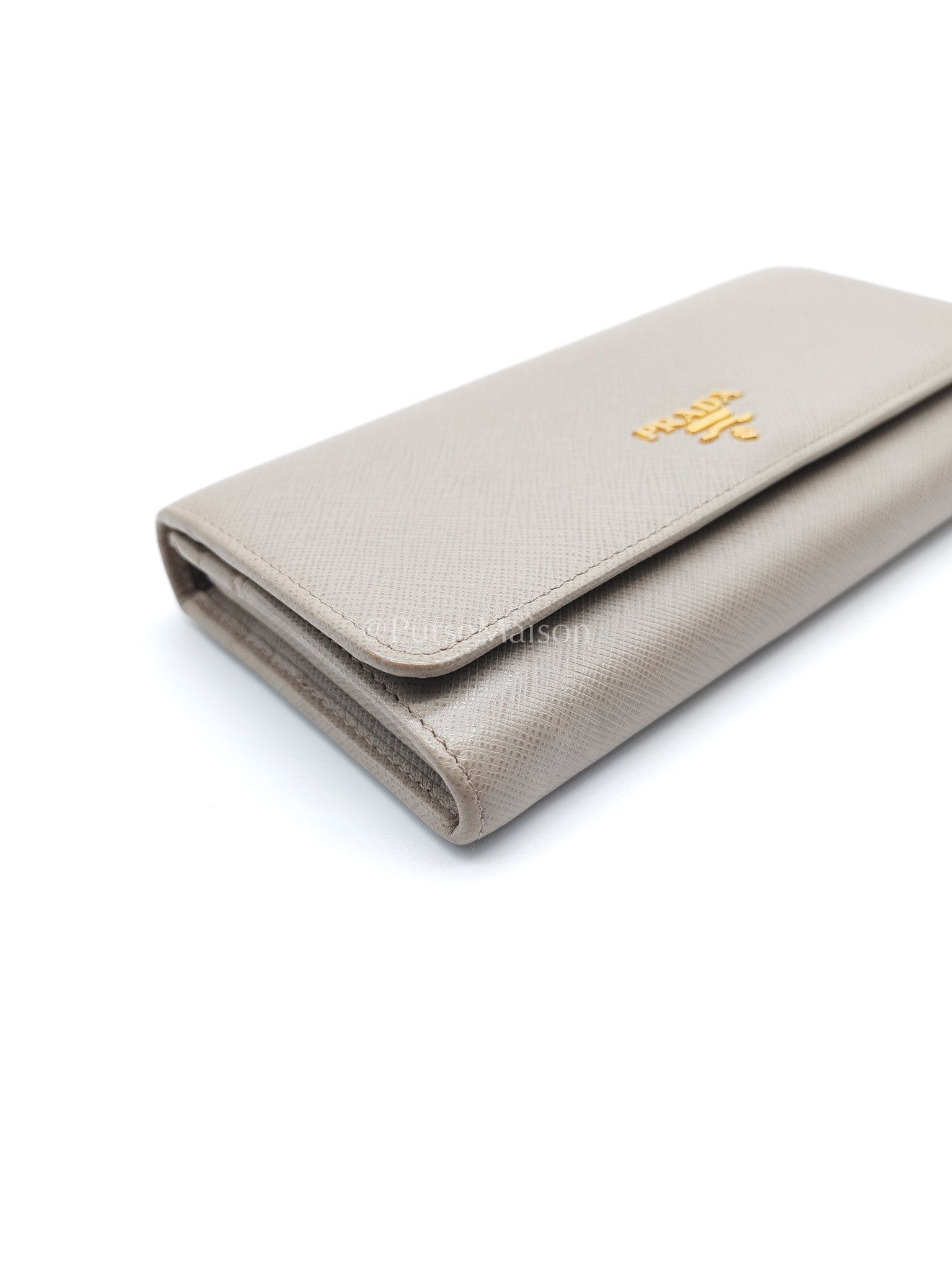 Prada Continental Flap Long Wallet in Light Beige Saffiano Leather and Gold Hardware | Purse Maison Luxury Bags Shop