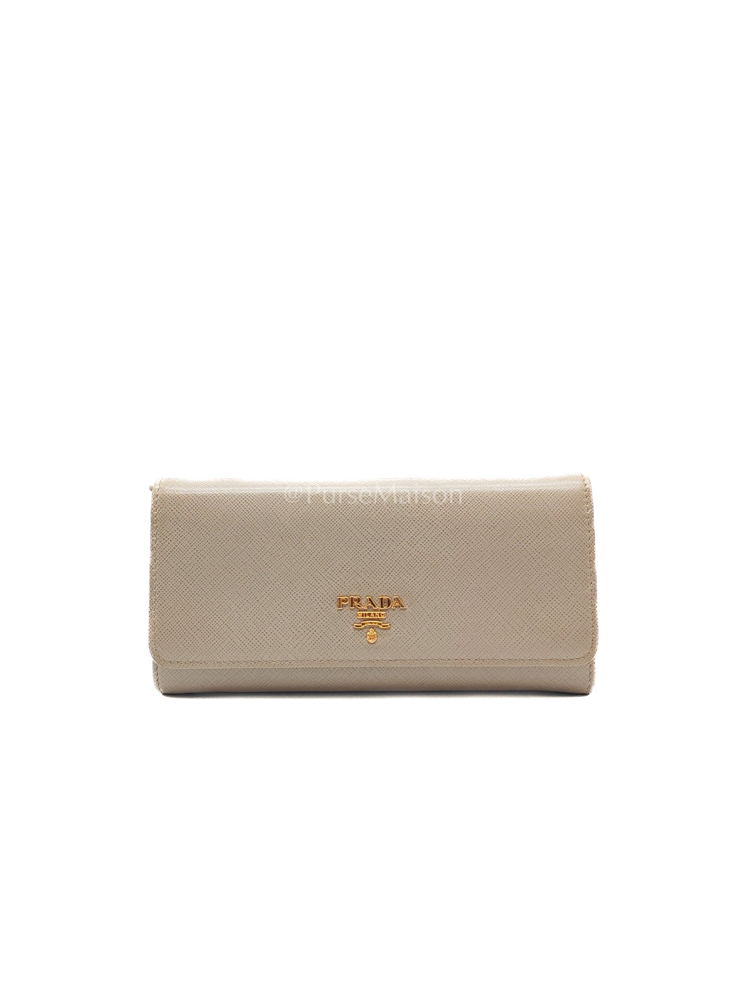 Prada Continental Flap Long Wallet in Light Beige Saffiano Leather and Gold Hardware | Purse Maison Luxury Bags Shop