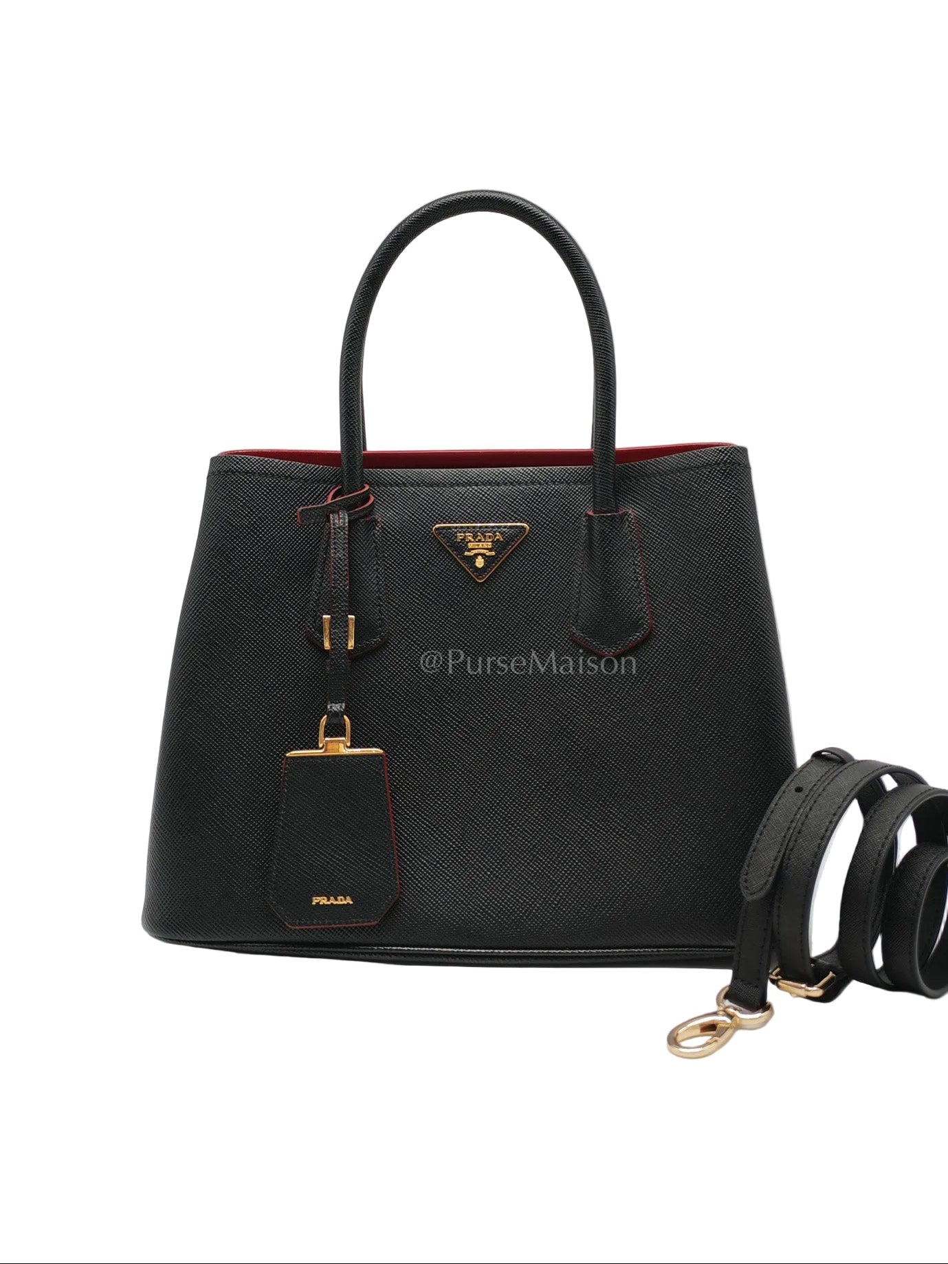 Prada Double Bag in Black Saffiano Cuir Leather and Gold Hardware | Purse Maison Luxury Bags Shop