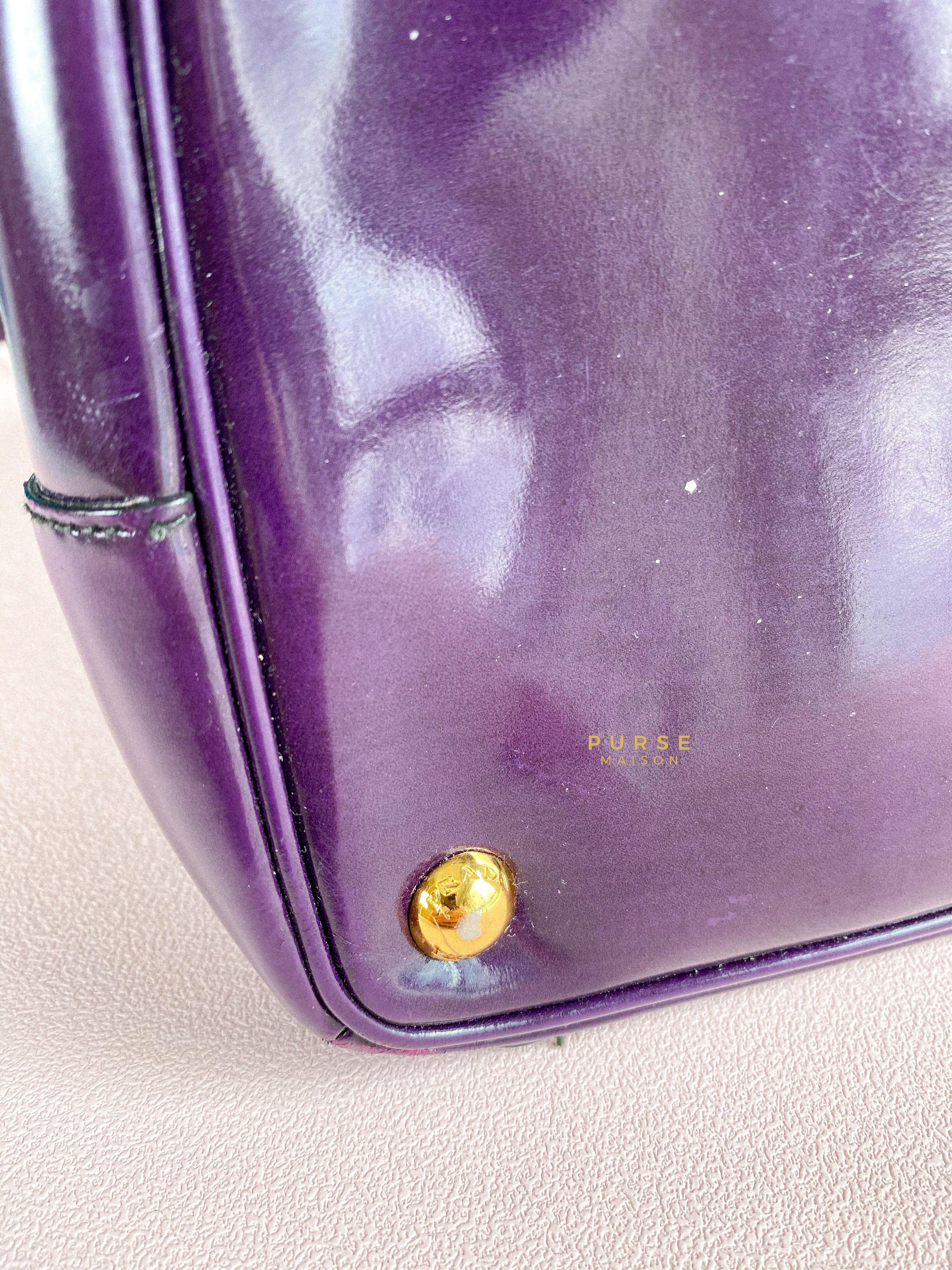 Prada Double Zip Medium Galleria in Plum Floral Applique Patent Leather | Purse Maison Luxury Bags Shop