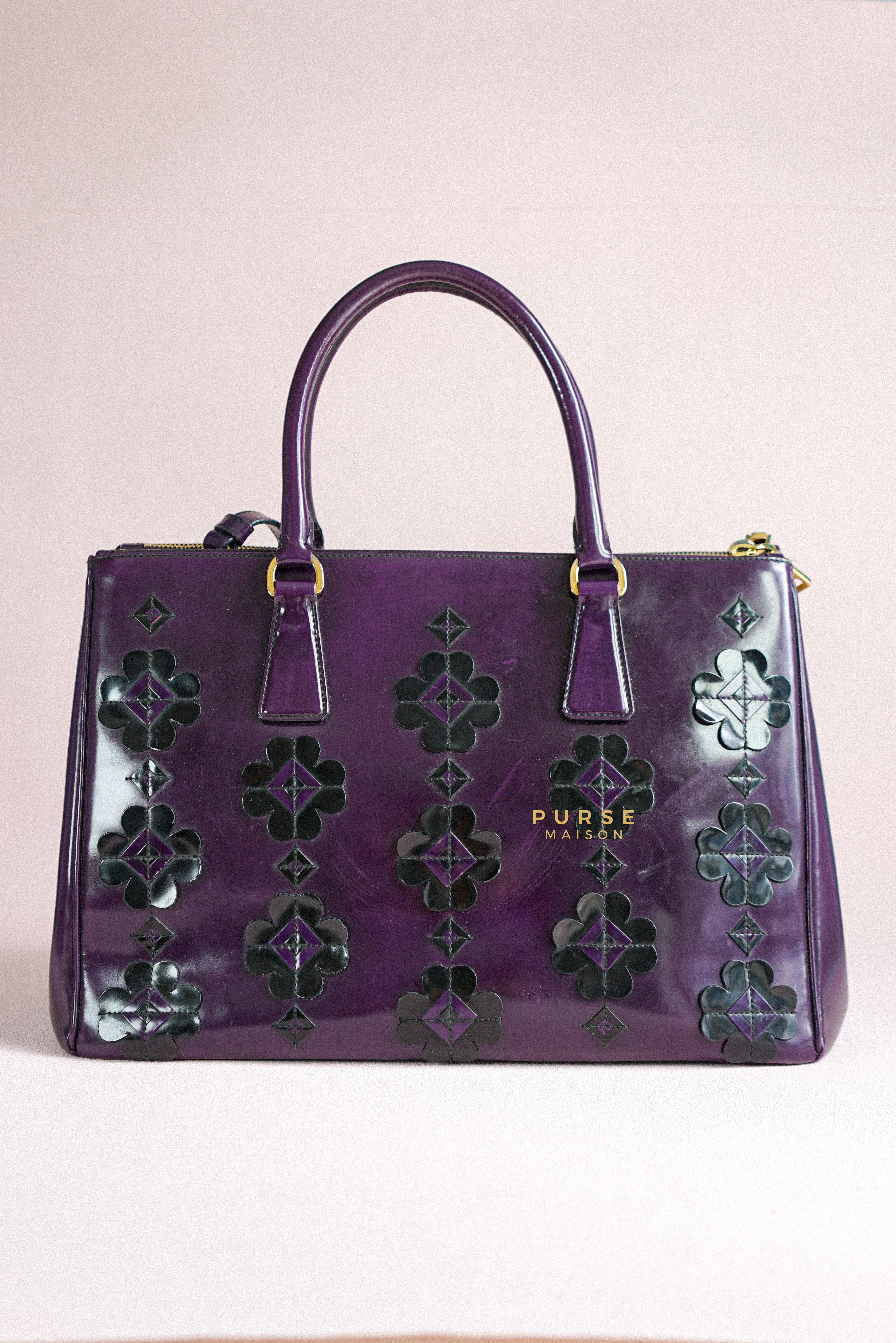 Prada Double Zip Medium Galleria in Plum Floral Applique