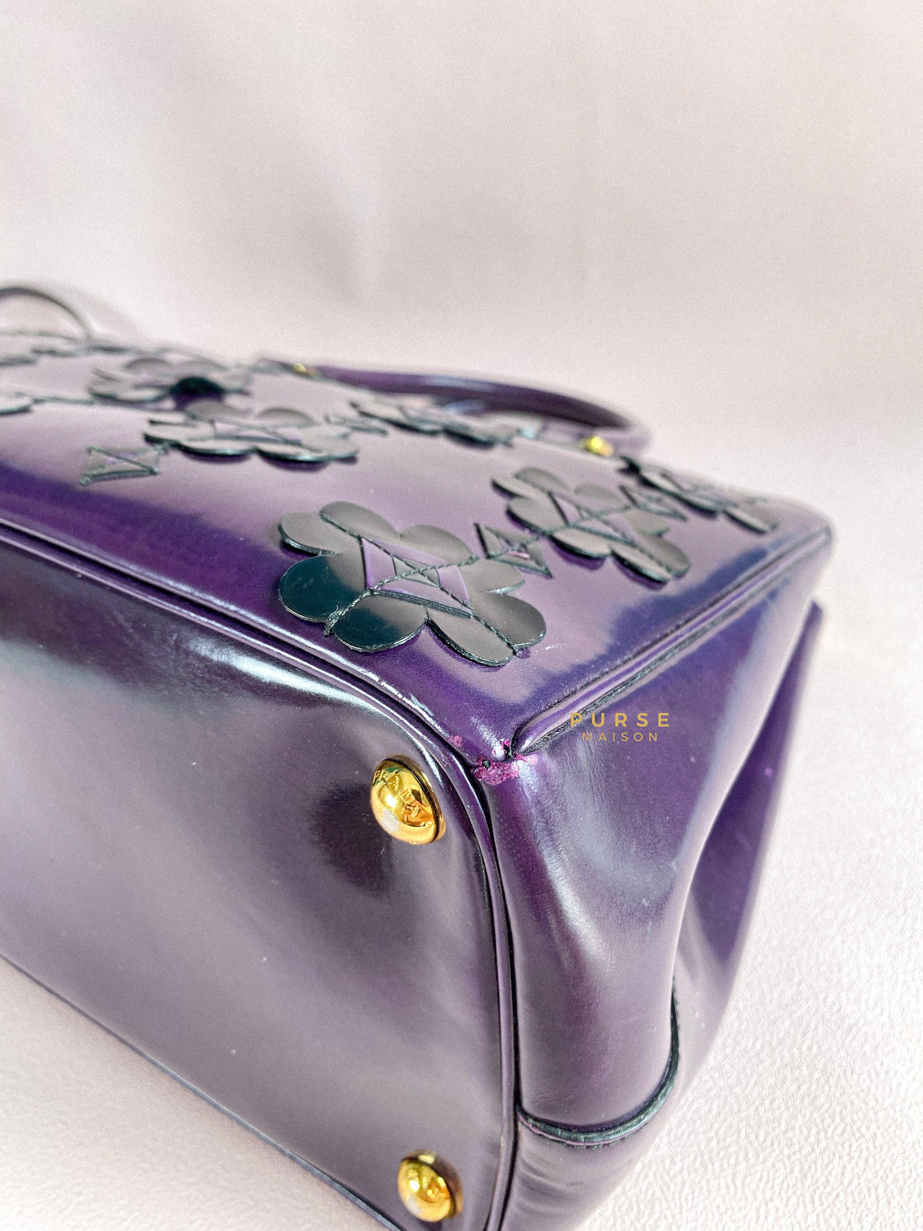 Prada Double Zip Medium Galleria in Plum Floral Applique Patent Leather | Purse Maison Luxury Bags Shop