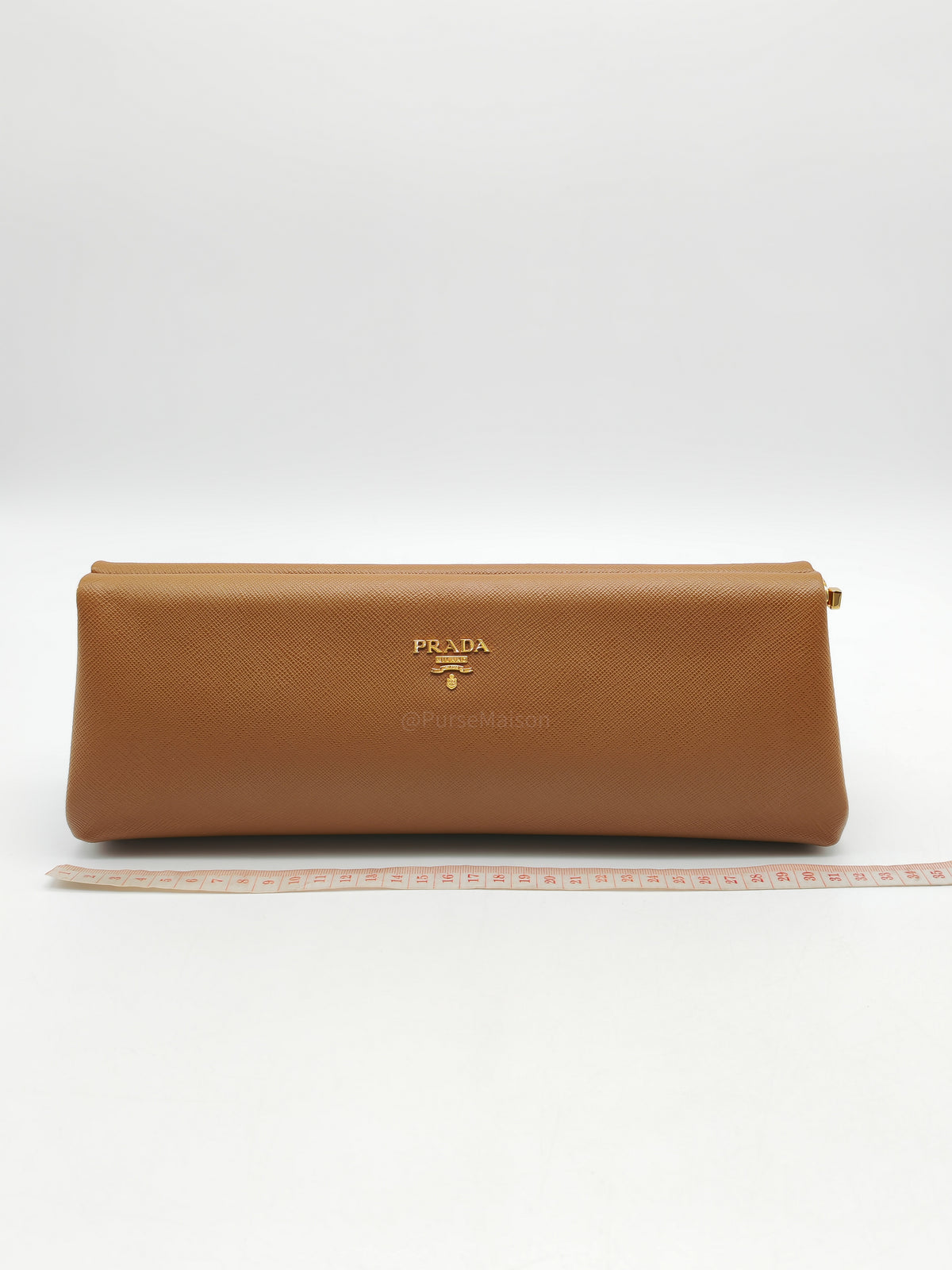Prada Envelope Clutch in Brown Saffiano Leather and Gold Hardware | Purse Maison Luxury Bags Shop