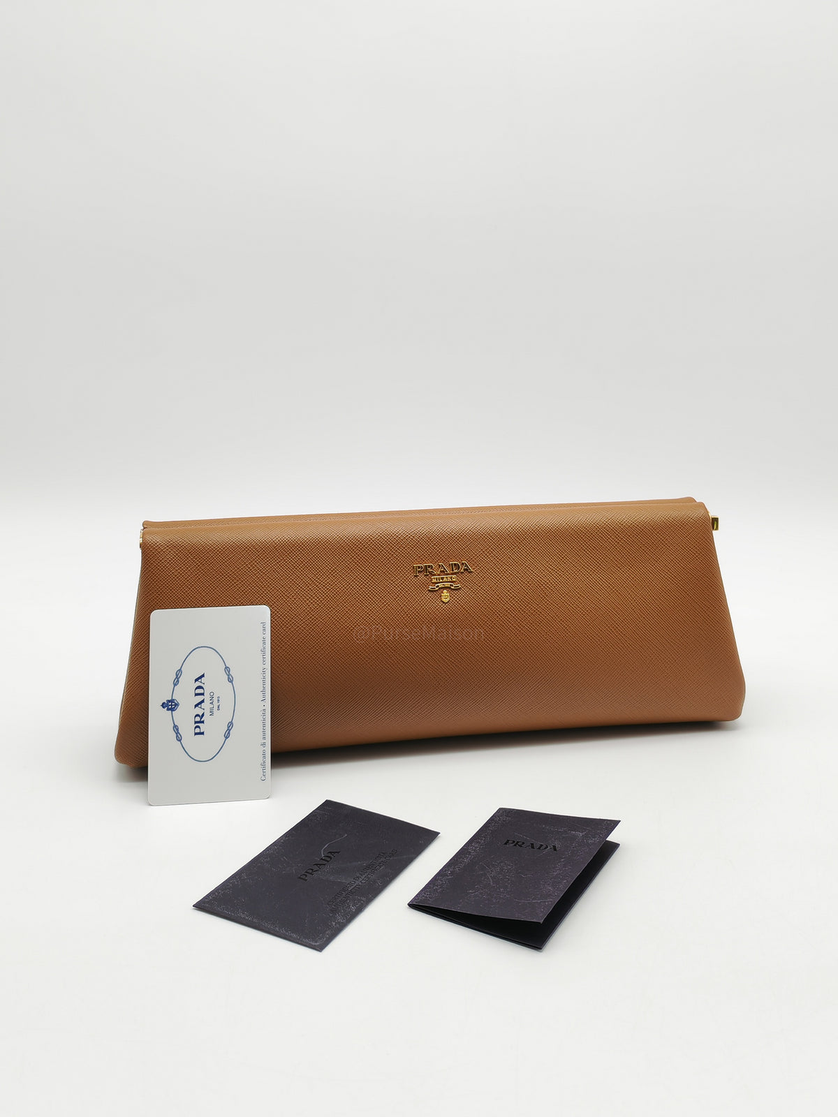 Prada Envelope Clutch in Brown Saffiano Leather and Gold Hardware | Purse Maison Luxury Bags Shop