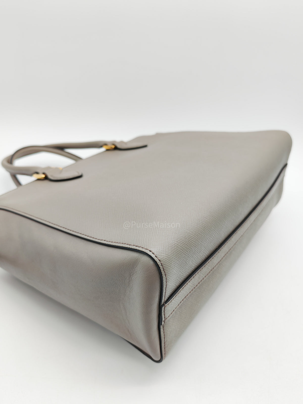 Prada Front Pocket Double-Zip Lux Tote Bag in Argilla Grey Saffiano Leather and Gold Hardware | Purse Maison Luxury Bags Shop