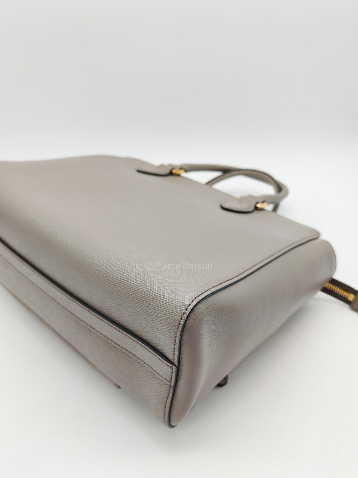 Prada Front Pocket Double-Zip Lux Tote Bag in Argilla Grey Saffiano Leather and Gold Hardware | Purse Maison Luxury Bags Shop