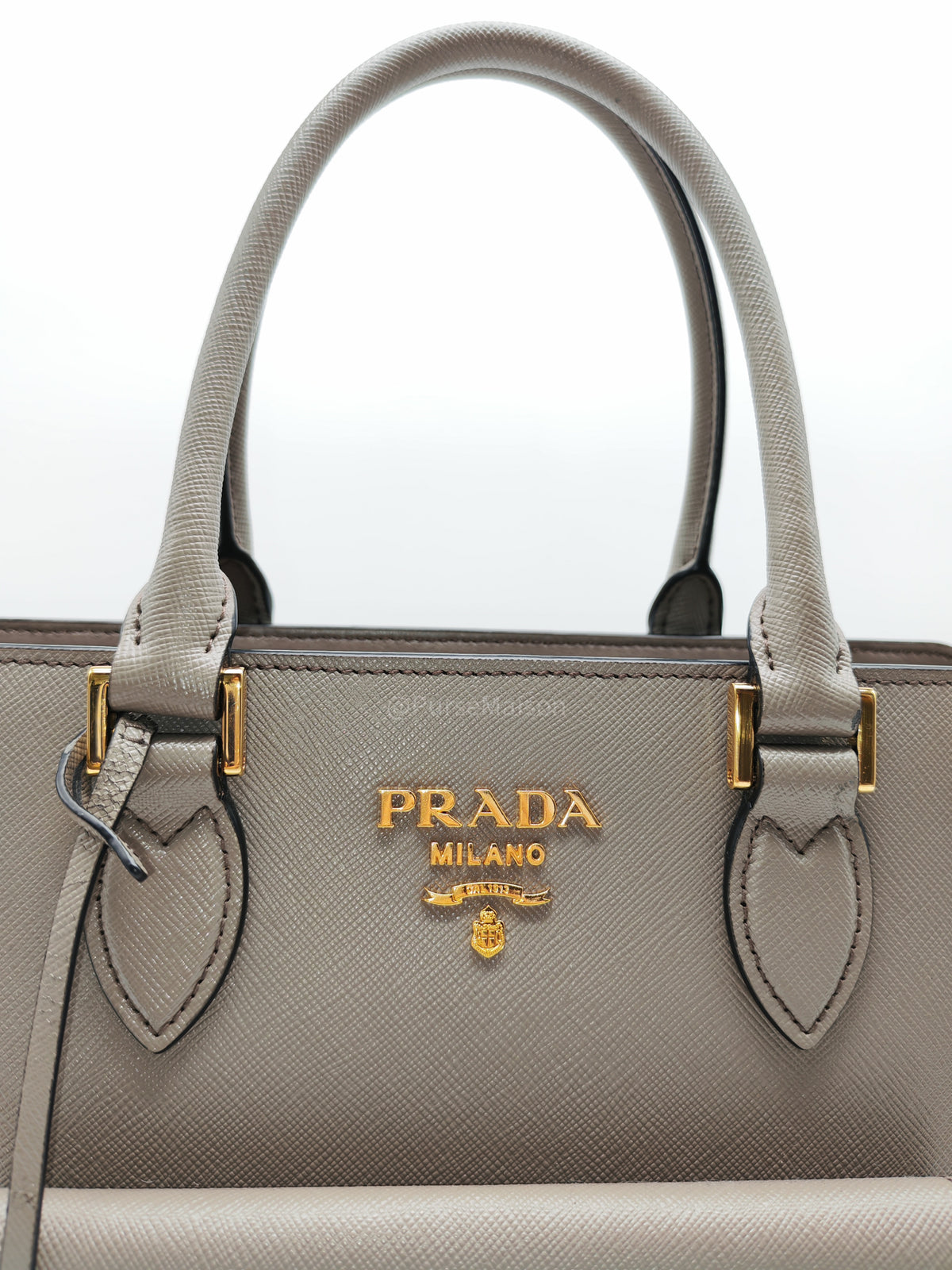 Prada Front Pocket Double-Zip Lux Tote Bag in Argilla Grey Saffiano Leather and Gold Hardware | Purse Maison Luxury Bags Shop