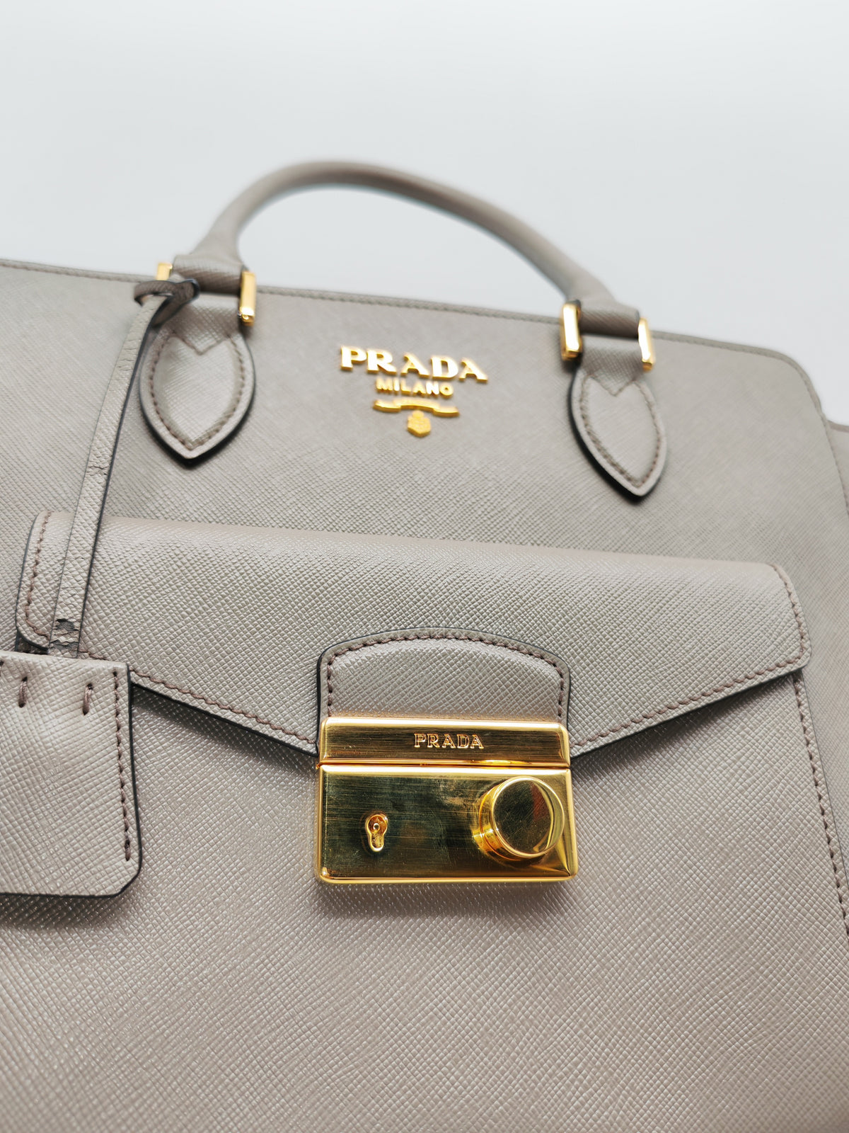 Prada Front Pocket Double-Zip Lux Tote Bag in Argilla Grey Saffiano Leather and Gold Hardware | Purse Maison Luxury Bags Shop