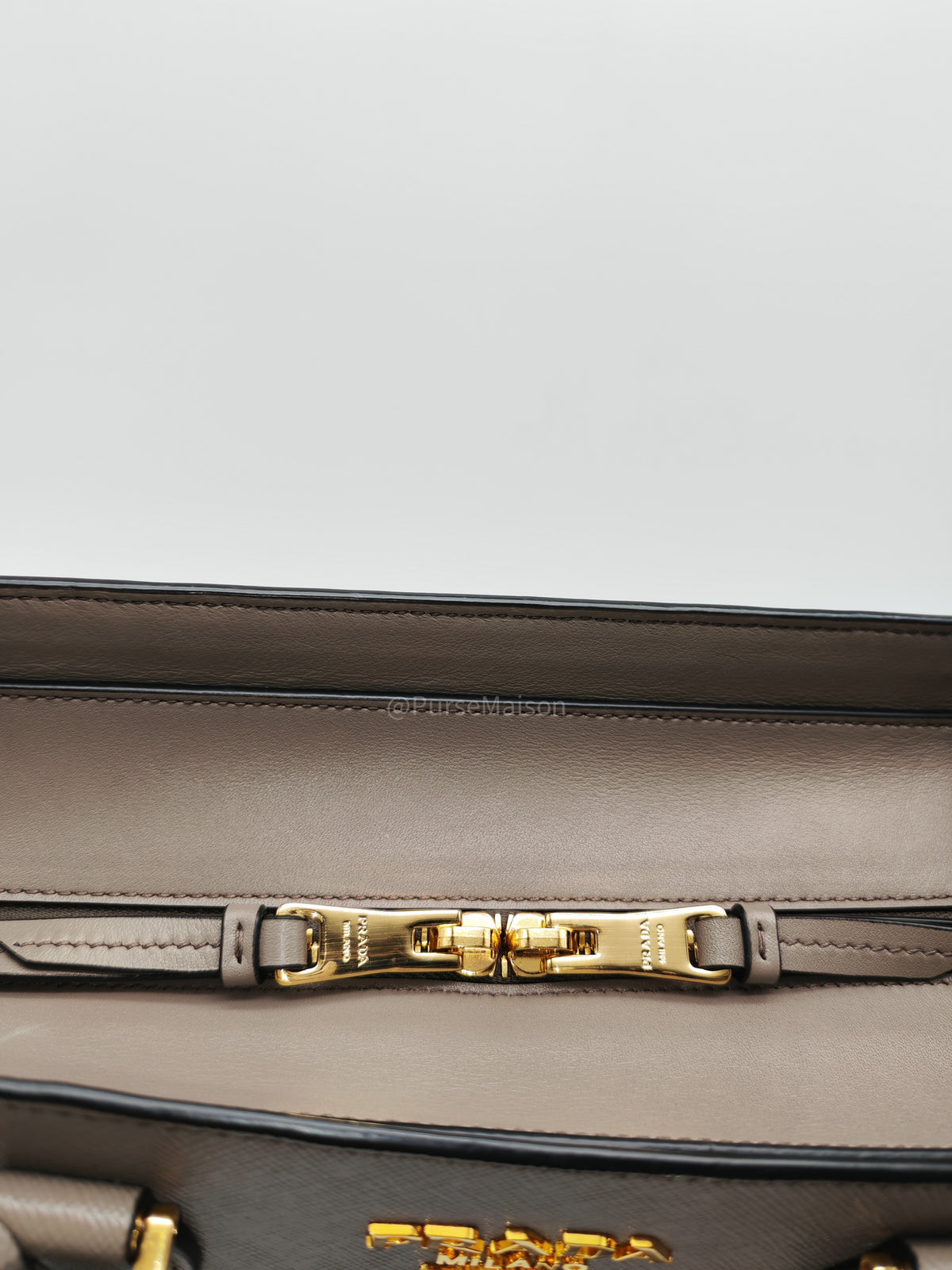 Prada Front Pocket Double-Zip Lux Tote Bag in Argilla Grey Saffiano Leather and Gold Hardware | Purse Maison Luxury Bags Shop