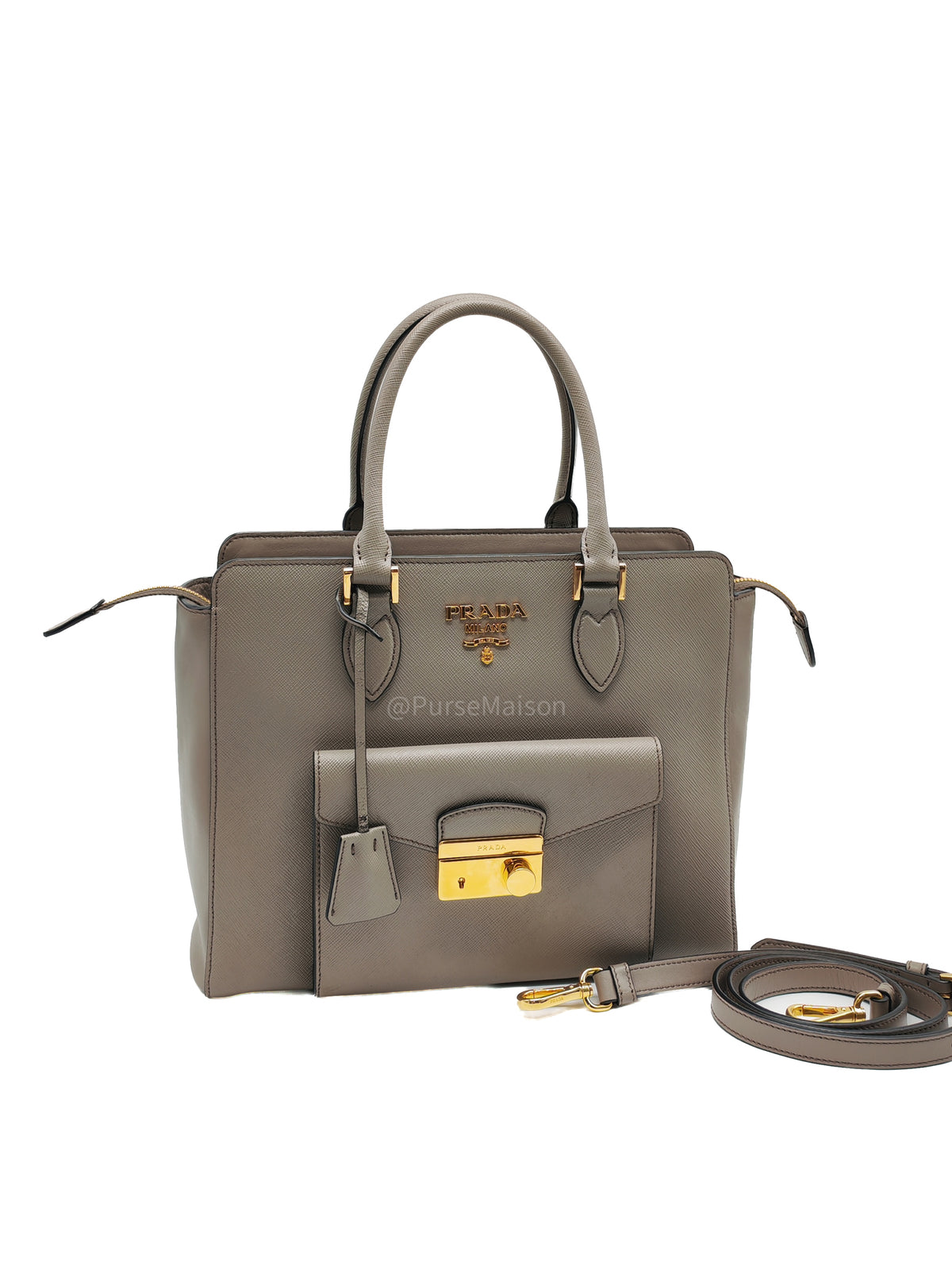 Prada Front Pocket Double-Zip Lux Tote Bag in Argilla Grey Saffiano Leather and Gold Hardware | Purse Maison Luxury Bags Shop
