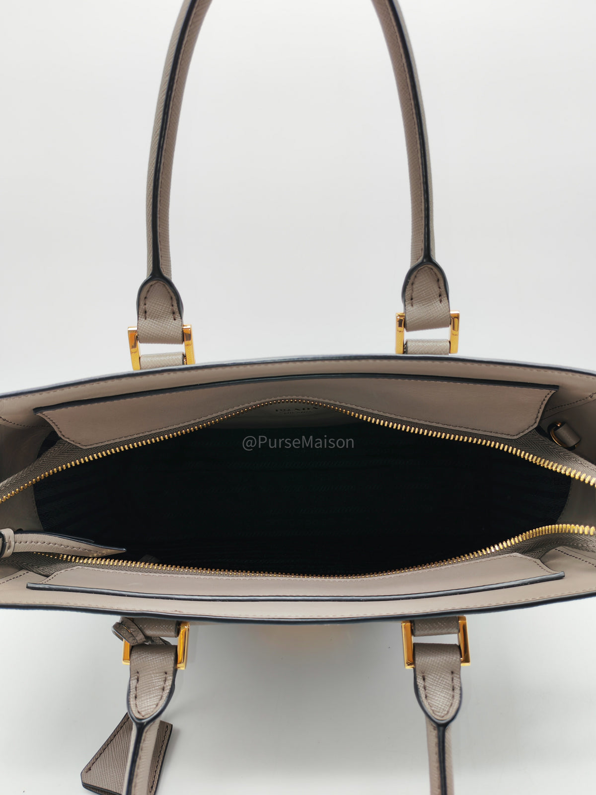 Prada Front Pocket Double-Zip Lux Tote Bag in Argilla Grey Saffiano Leather and Gold Hardware | Purse Maison Luxury Bags Shop