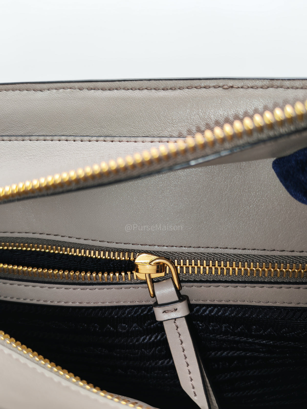 Prada Front Pocket Double-Zip Lux Tote Bag in Argilla Grey Saffiano Leather and Gold Hardware | Purse Maison Luxury Bags Shop