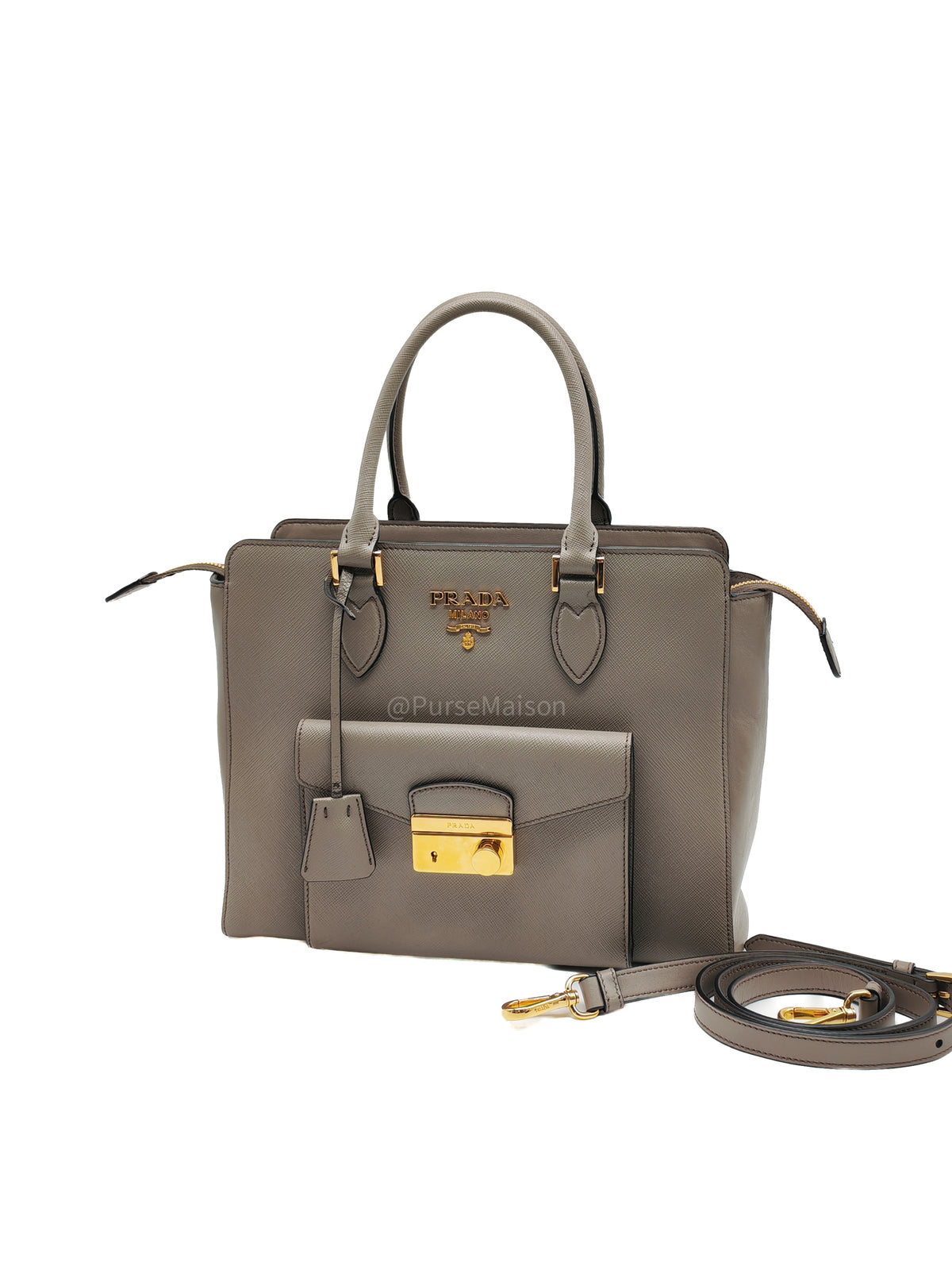 Prada Front Pocket Double-Zip Lux Tote Bag in Argilla Grey Saffiano Leather and Gold Hardware | Purse Maison Luxury Bags Shop