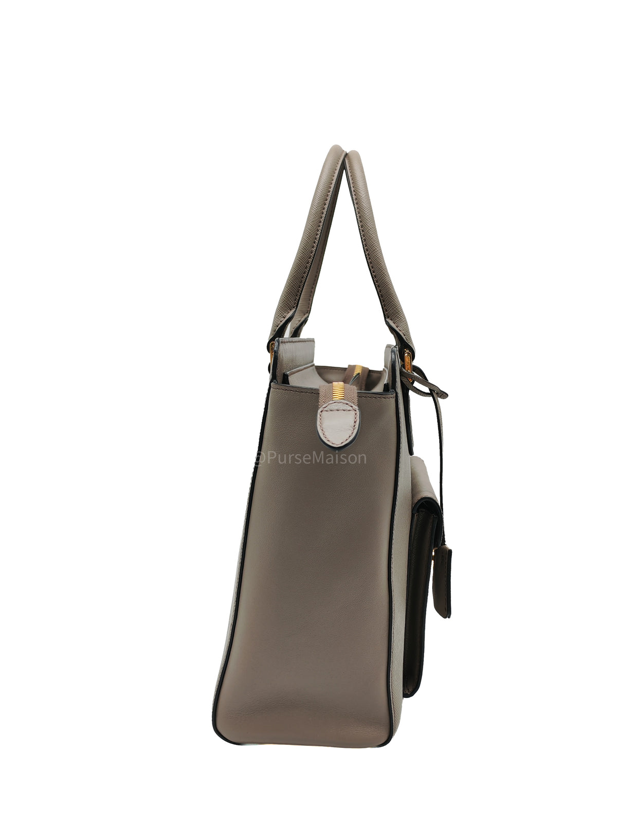 Prada Front Pocket Double-Zip Lux Tote Bag in Argilla Grey Saffiano Leather and Gold Hardware | Purse Maison Luxury Bags Shop