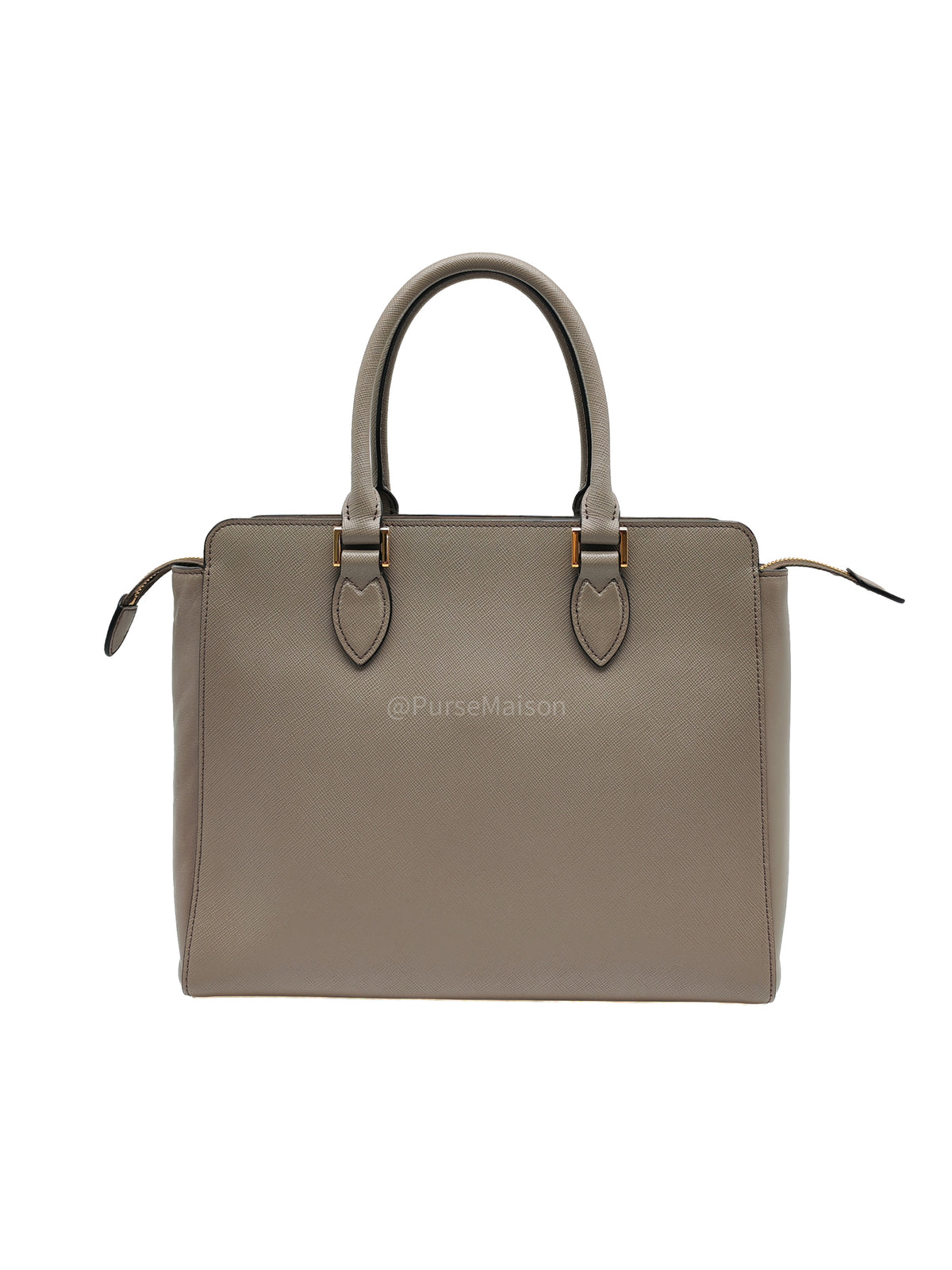 Prada Front Pocket Double-Zip Lux Tote Bag in Argilla Grey Saffiano Leather and Gold Hardware | Purse Maison Luxury Bags Shop