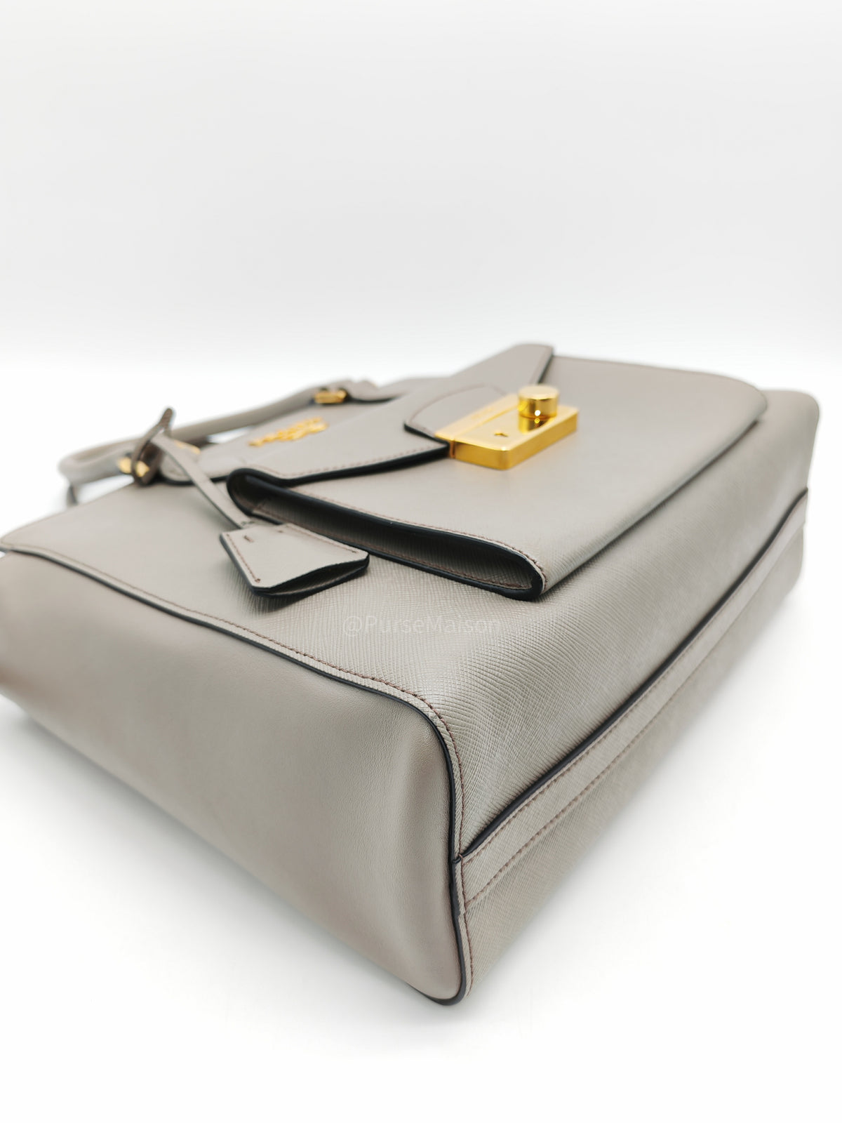 Prada Front Pocket Double-Zip Lux Tote Bag in Argilla Grey Saffiano Leather and Gold Hardware | Purse Maison Luxury Bags Shop