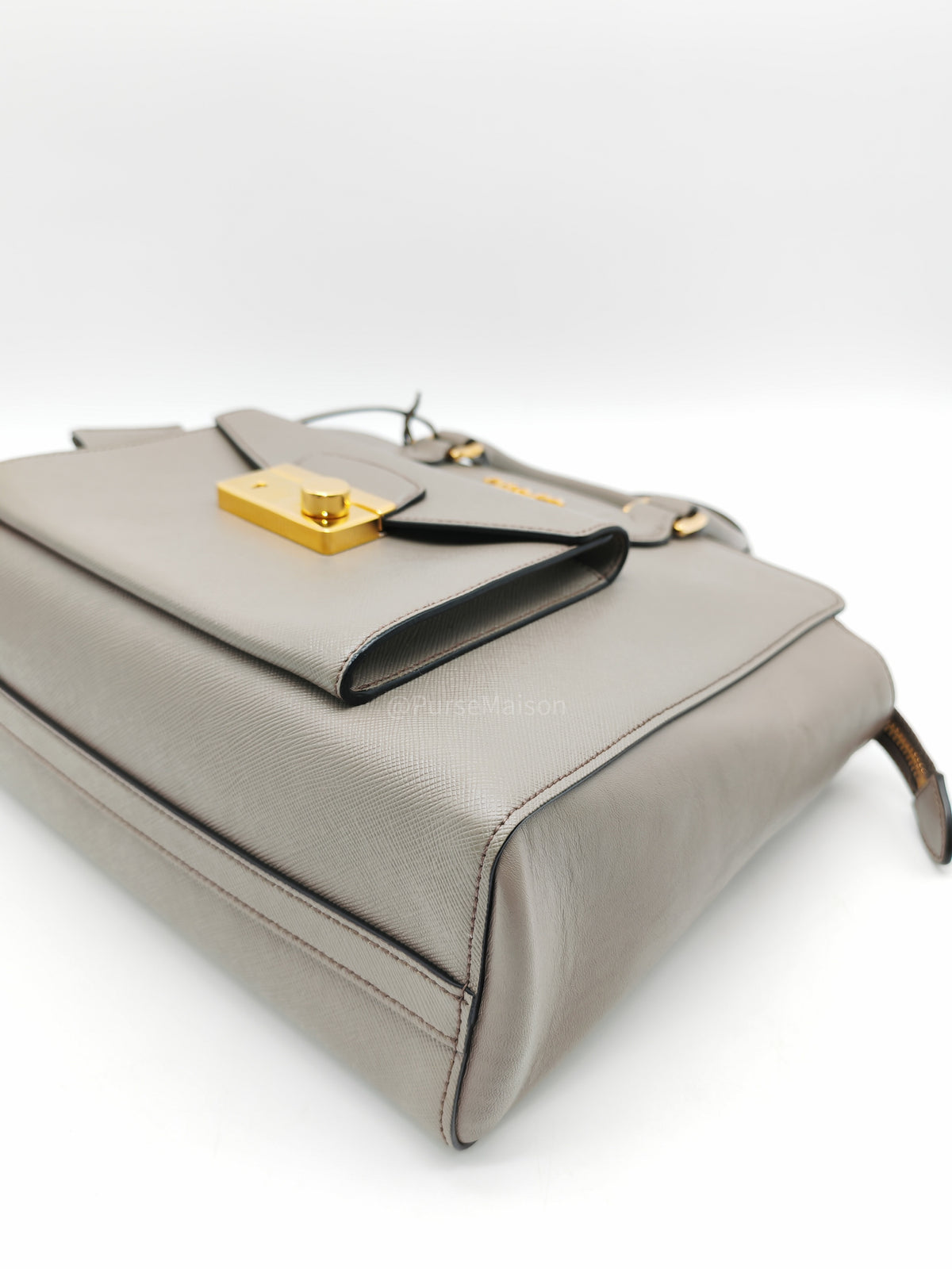 Prada Front Pocket Double-Zip Lux Tote Bag in Argilla Grey Saffiano Leather and Gold Hardware | Purse Maison Luxury Bags Shop