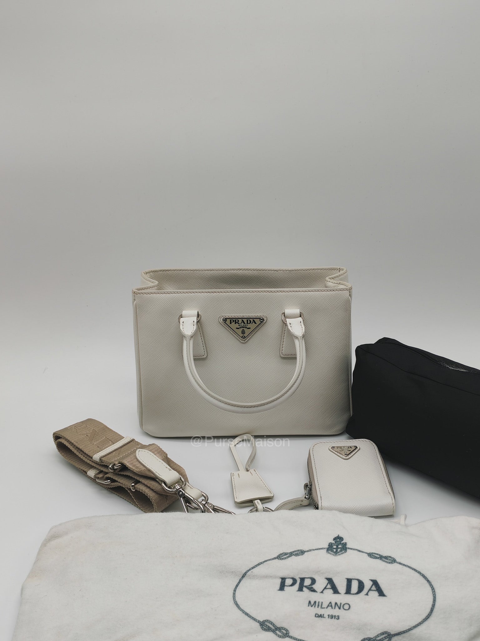 Prada Galleria Mini in White Saffiano Leather and Silver Hardware | Purse Maison Luxury Bags Shop