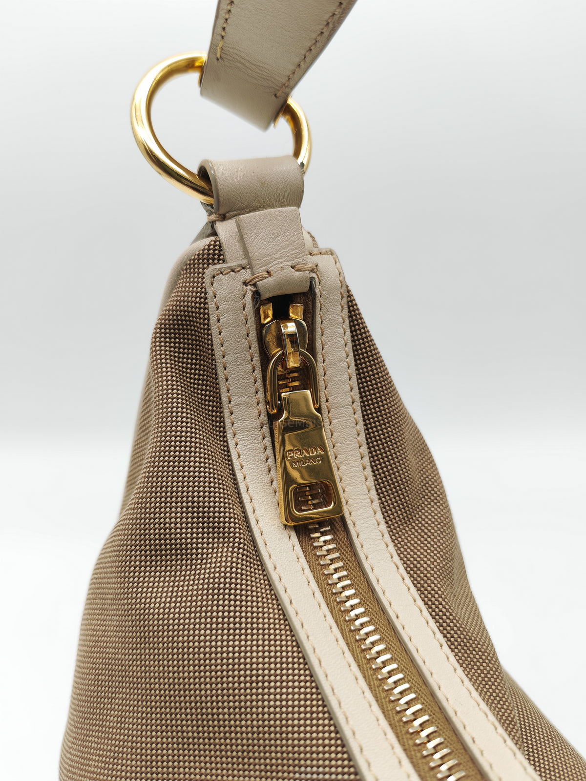 Prada Logo Jacquard Canvas Hobo Bag in Slouchy Brown Monogram Canvas and Gold Hardware | Purse Maison Luxury Bags Shop