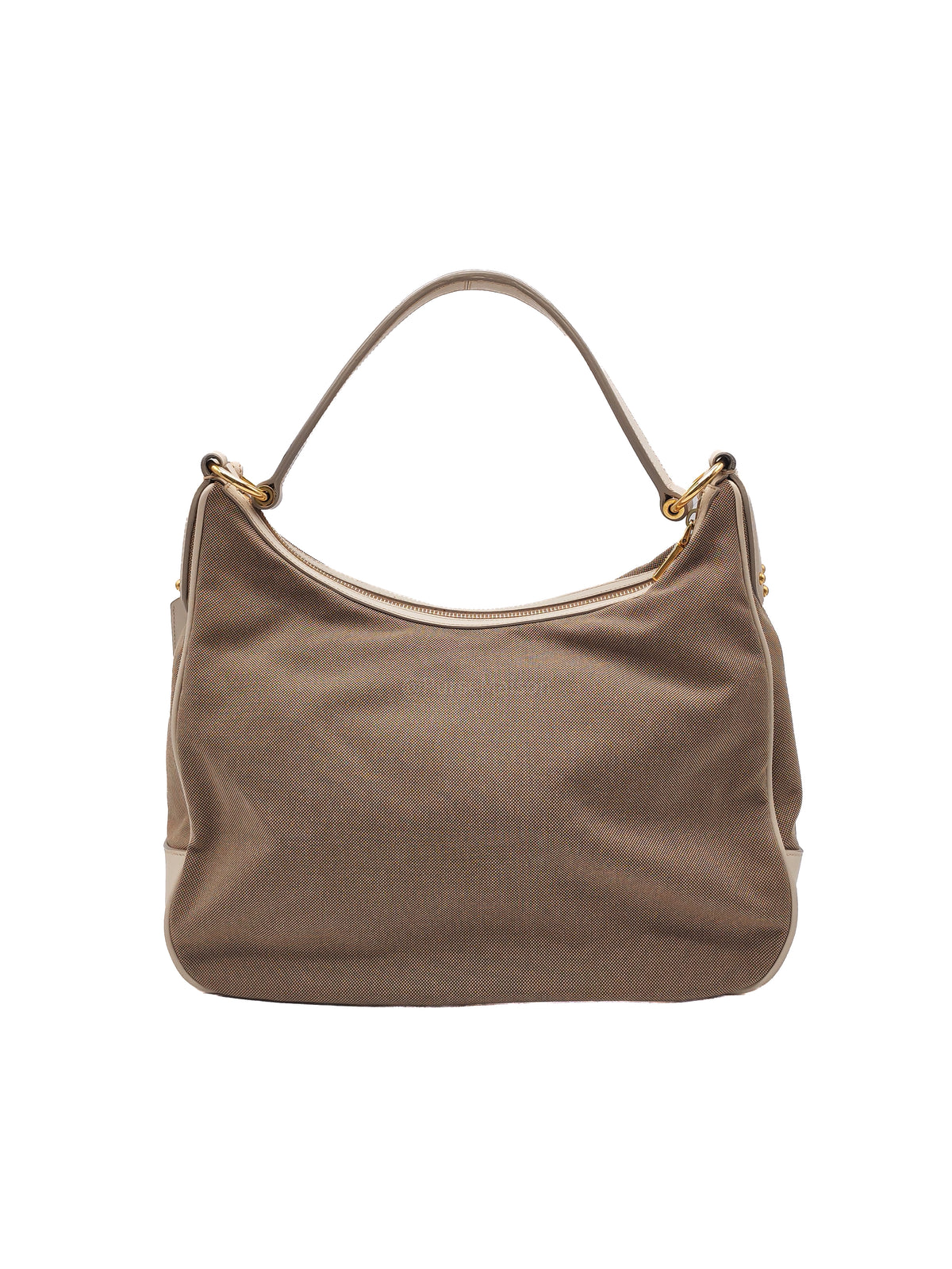 Prada Logo Jacquard Canvas Hobo Bag in Slouchy Brown Monogram Canvas and Gold Hardware | Purse Maison Luxury Bags Shop