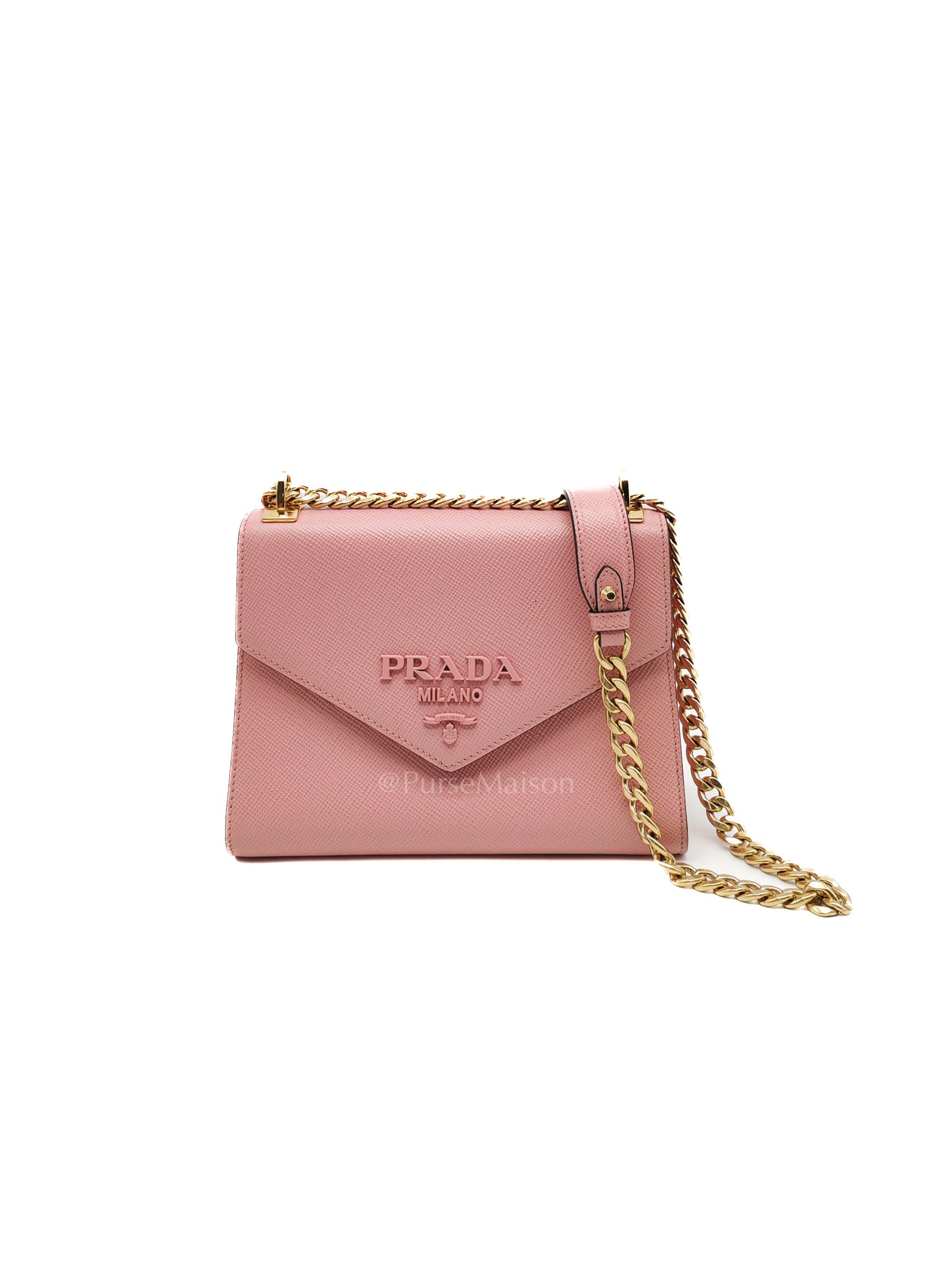 Prada Monochrome Envelope Flap Chain Shoulder Bag in Pink Cuir Calfskin Leather and Gold Hardware | Purse Maison Luxury Bags Shop