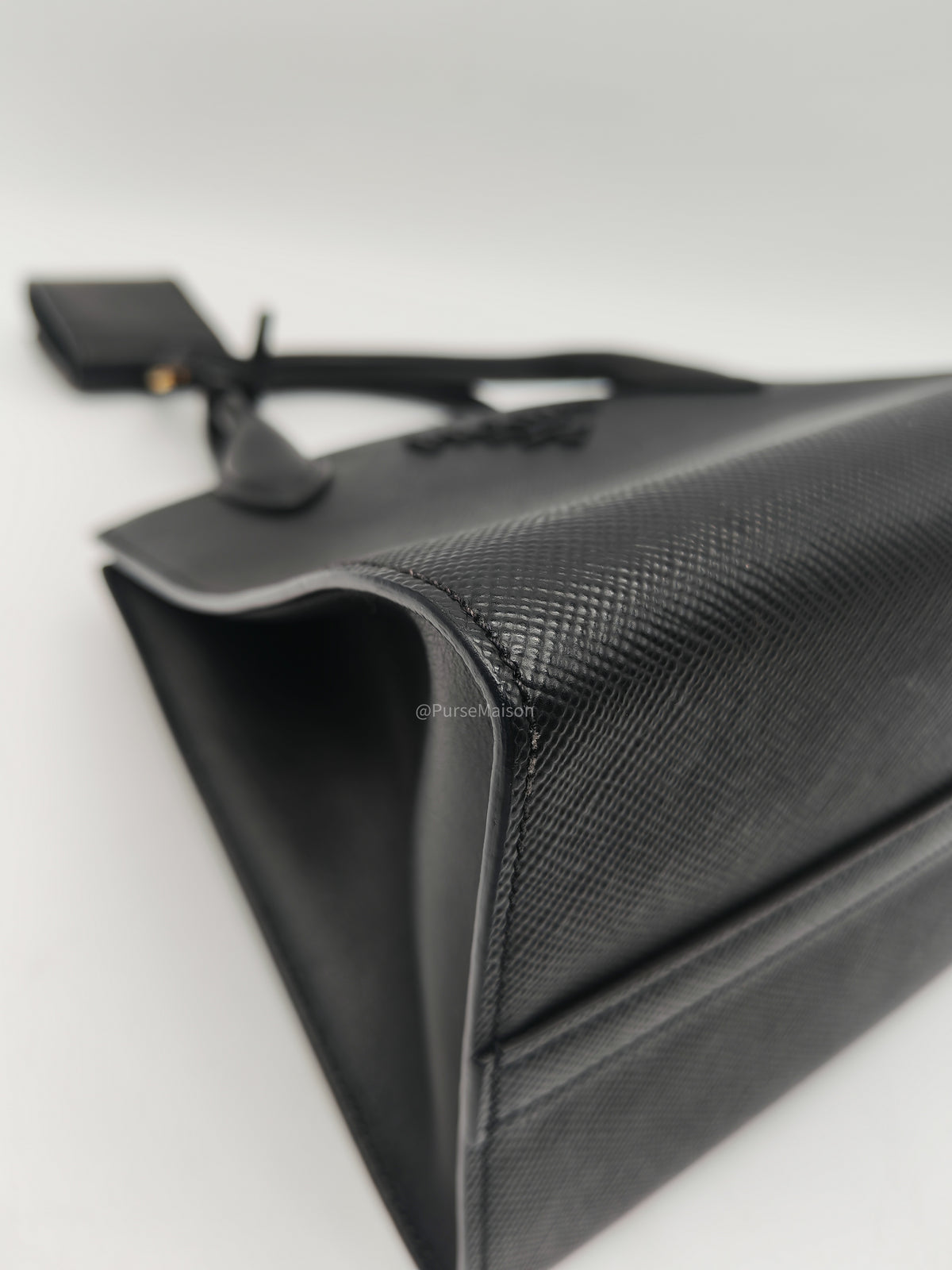 Prada Monochrome Tote Bag Small in Black Saffiano Cuir Calfskin Leather and Gold Hardware | Purse Maison Luxury Bags Shop
