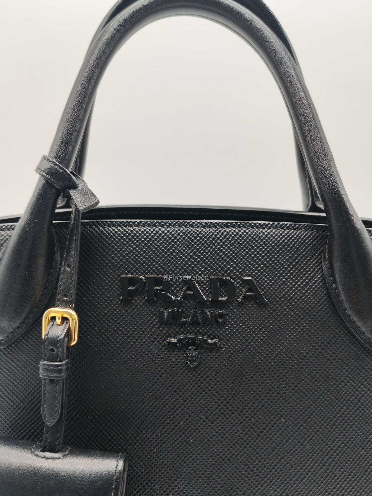 Prada Monochrome Tote Bag Small in Black Saffiano Cuir Calfskin Leather and Gold Hardware | Purse Maison Luxury Bags Shop