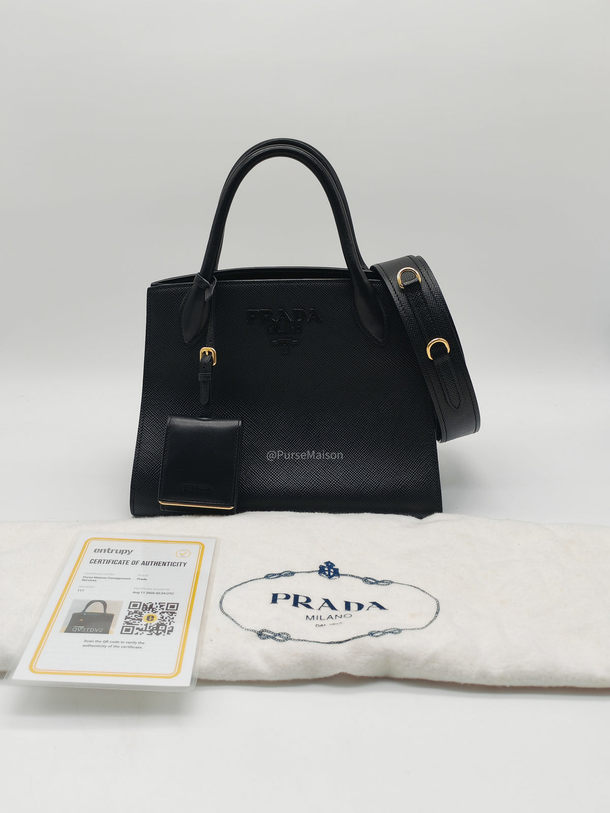 Prada Monochrome Tote Bag Small in Black Saffiano Cuir Calfskin Leather and Gold Hardware | Purse Maison Luxury Bags Shop