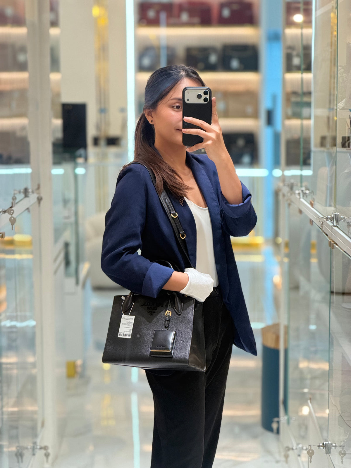 Prada Monochrome Tote Bag Small in Black Saffiano Cuir Calfskin Leather and Gold Hardware | Purse Maison Luxury Bags Shop