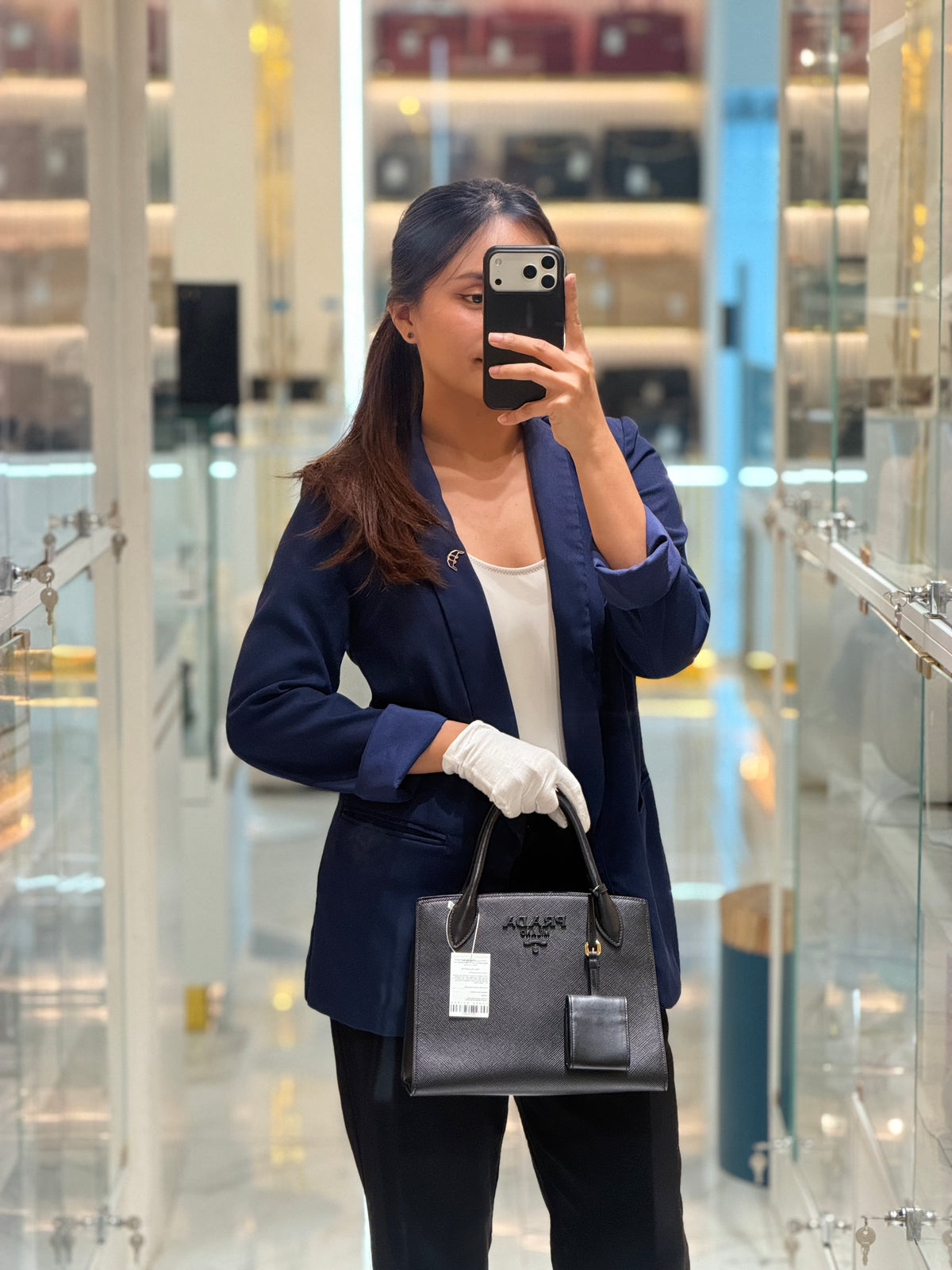 Prada Monochrome Tote Bag Small in Black Saffiano Cuir Calfskin Leather and Gold Hardware | Purse Maison Luxury Bags Shop